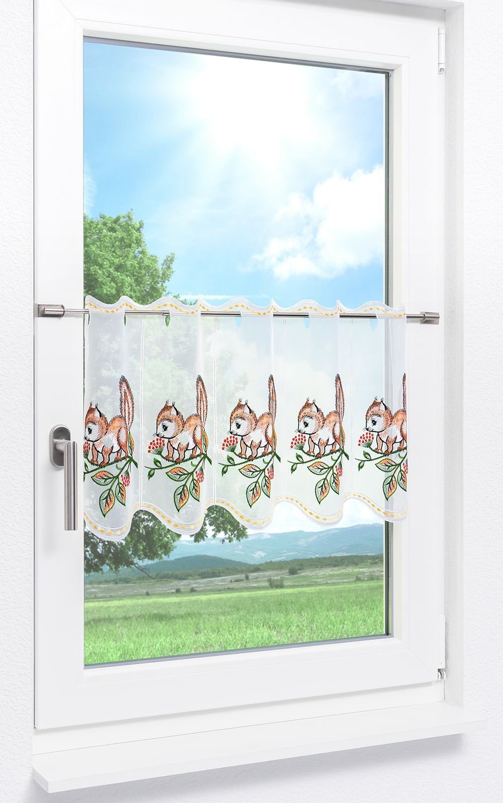 Scheibengardine Eichhörnchen, Plauener Spitze®, (1 35x48cm HxB halbtransparent, St)