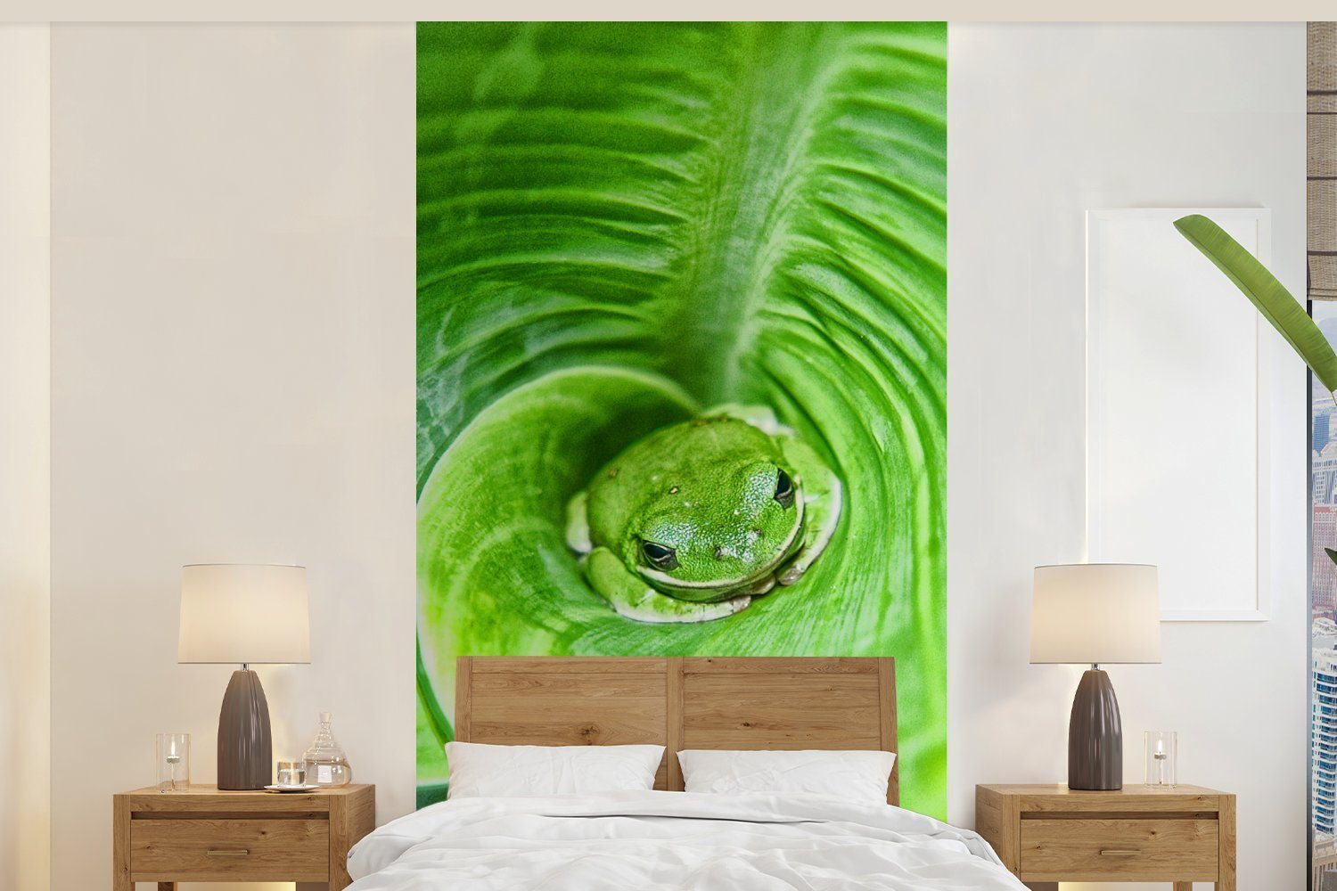 MuchoWow Fototapete Versteckter Laubfrosch in einer Canna-Pflanze, Matt, bedruckt, (2 St), Vliestapete für Wohnzimmer Schlafzimmer Küche, Fototapete