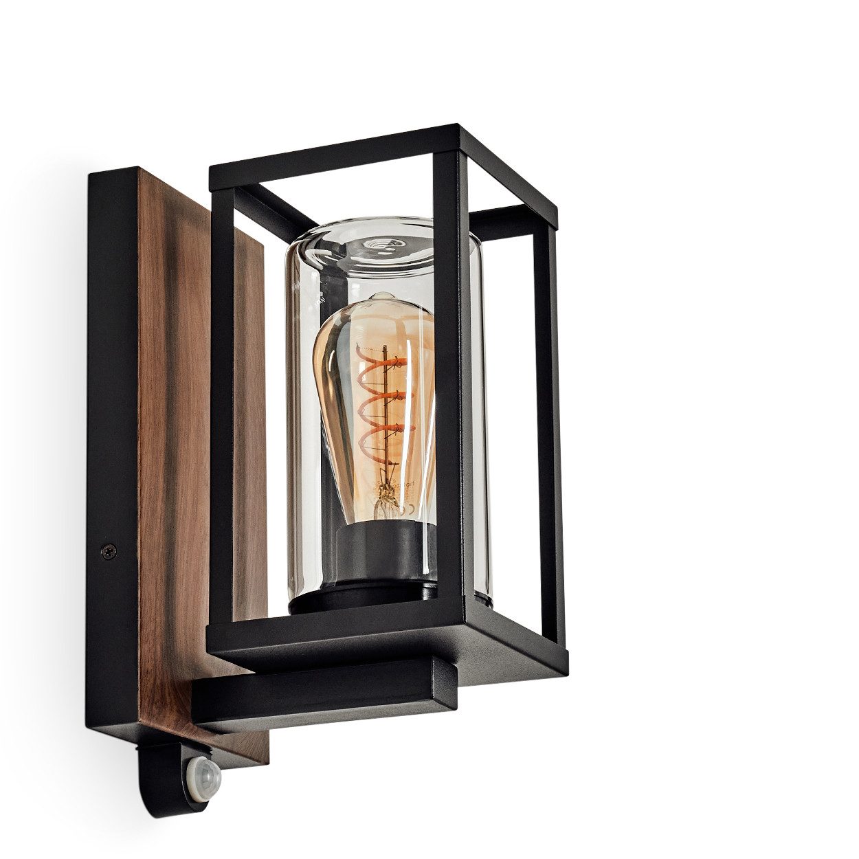 hofstein Außen-Wandleuchte Außenleuchte mit Bewegungsmelder aus Metall/Glas in Schwarz-Braun/Klar, ohne Leuchtmittel, Wandlampe für Terrasse/Hof, 1 x E27, ohne Leuchtmittel, IP44