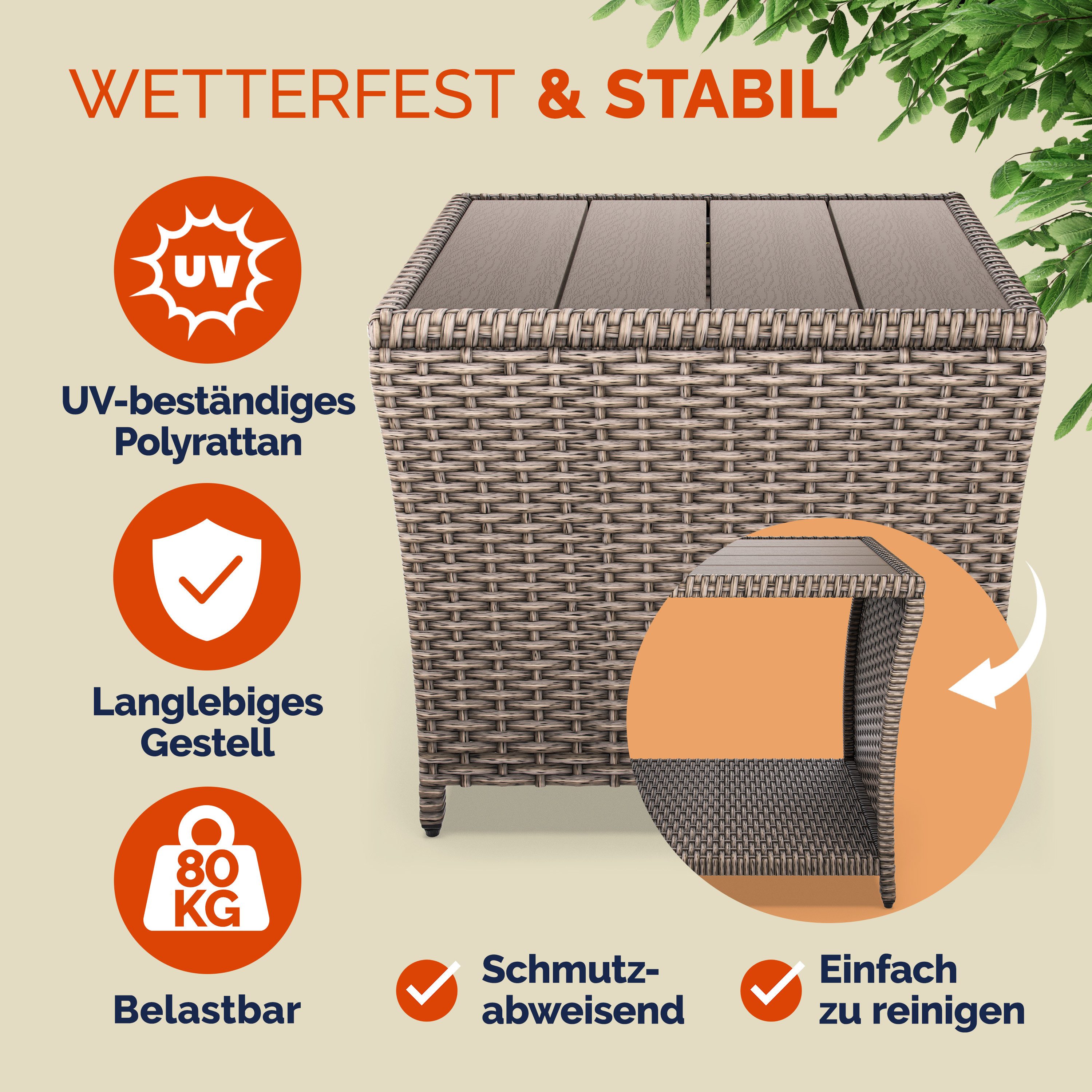 Casaria Beistelltisch (1-St), Polyrattan WPC Tischplatte 45x45x40cm Wetterf günstig online kaufen