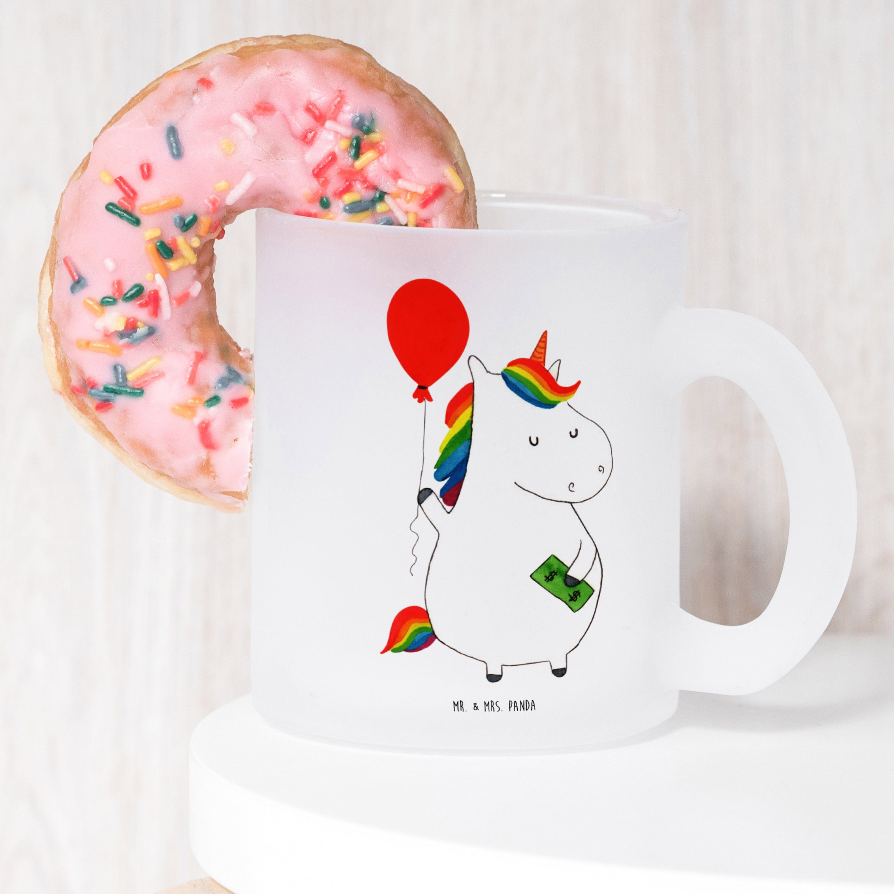 Mr. & Mrs. Panda Teeglas Einhorn Luftballon, Trinkglas, Transparent, Pott, Luftballon, Teetass, Premium Glas, Unicorn Motivtasse Einhörner
