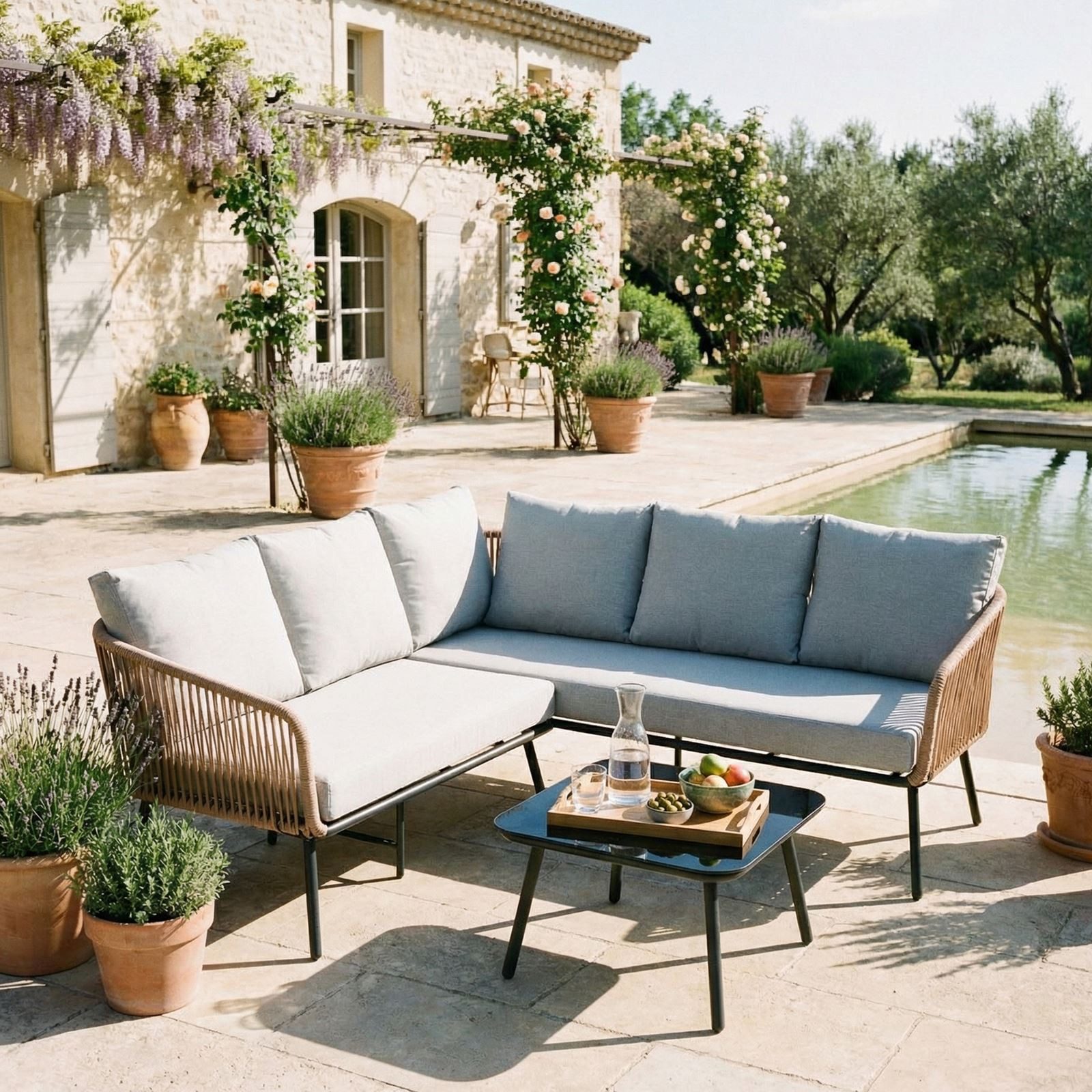 IDIMEX Gartenlounge-Set JAKARTA, Balkon Lounge Set klein Ecklounge mit Beistelltisch braun/grau