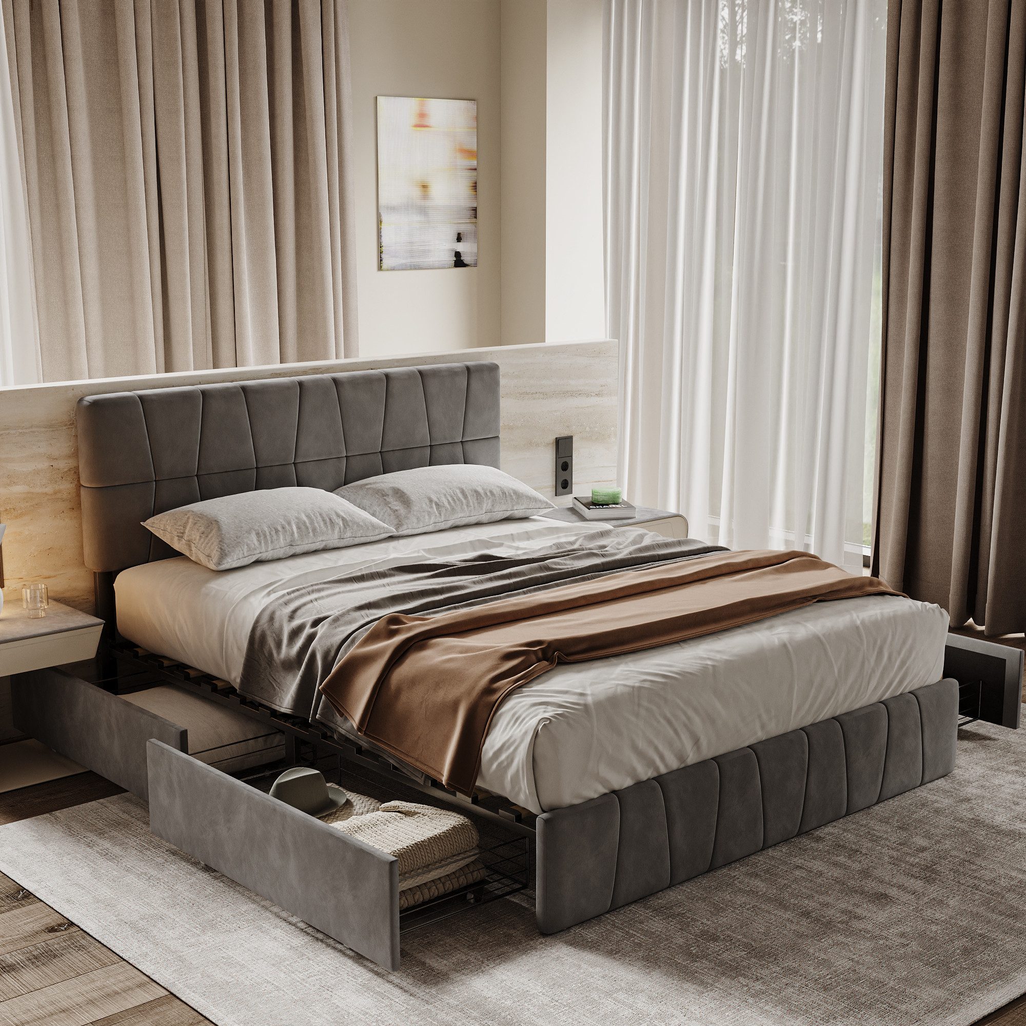 Furnishings Home Polsterbett Doppelbett Stauraumbett Mit 4 Metall Schublade günstig online kaufen