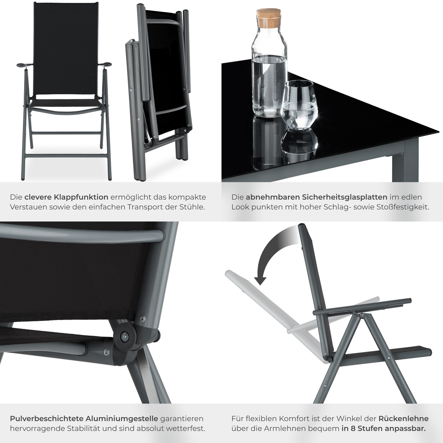 tectake Essgruppe Aluminium Sitzgruppe - Wetterfeste Gartenmöbel, (Loungeset Pompeii, 9-tlg., in Anthrazit), klappbare Stühle mit 8-fach verstellbarer Rückenleh – Bild 5 von 5