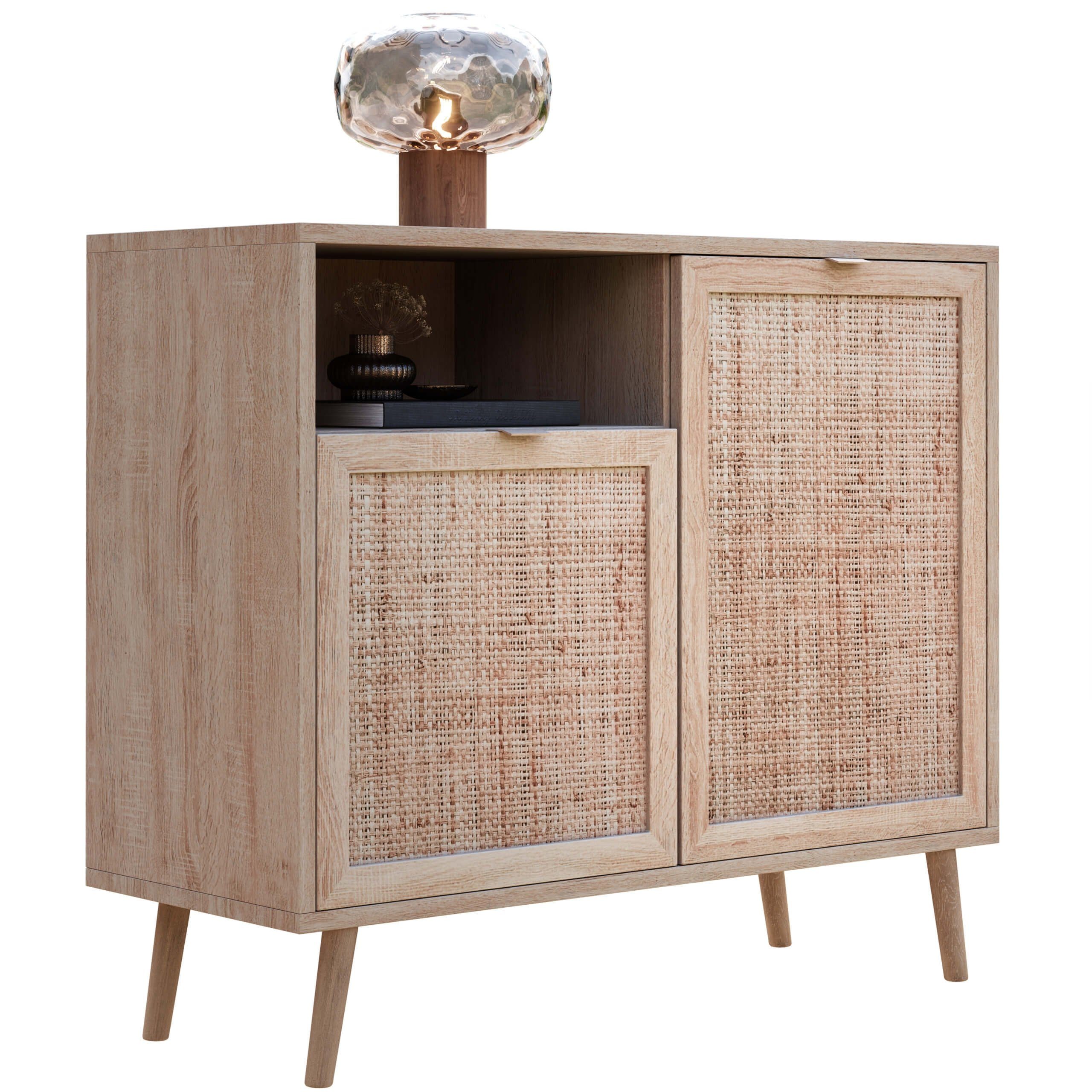 Newroom Sideboard Mila, Kommode Sonoma Eiche Rattan Modern Boho Skandinavisch Highboard. Reduzierter Preis € 196,95. Unverbindliche Preisempfehlung € 393,90