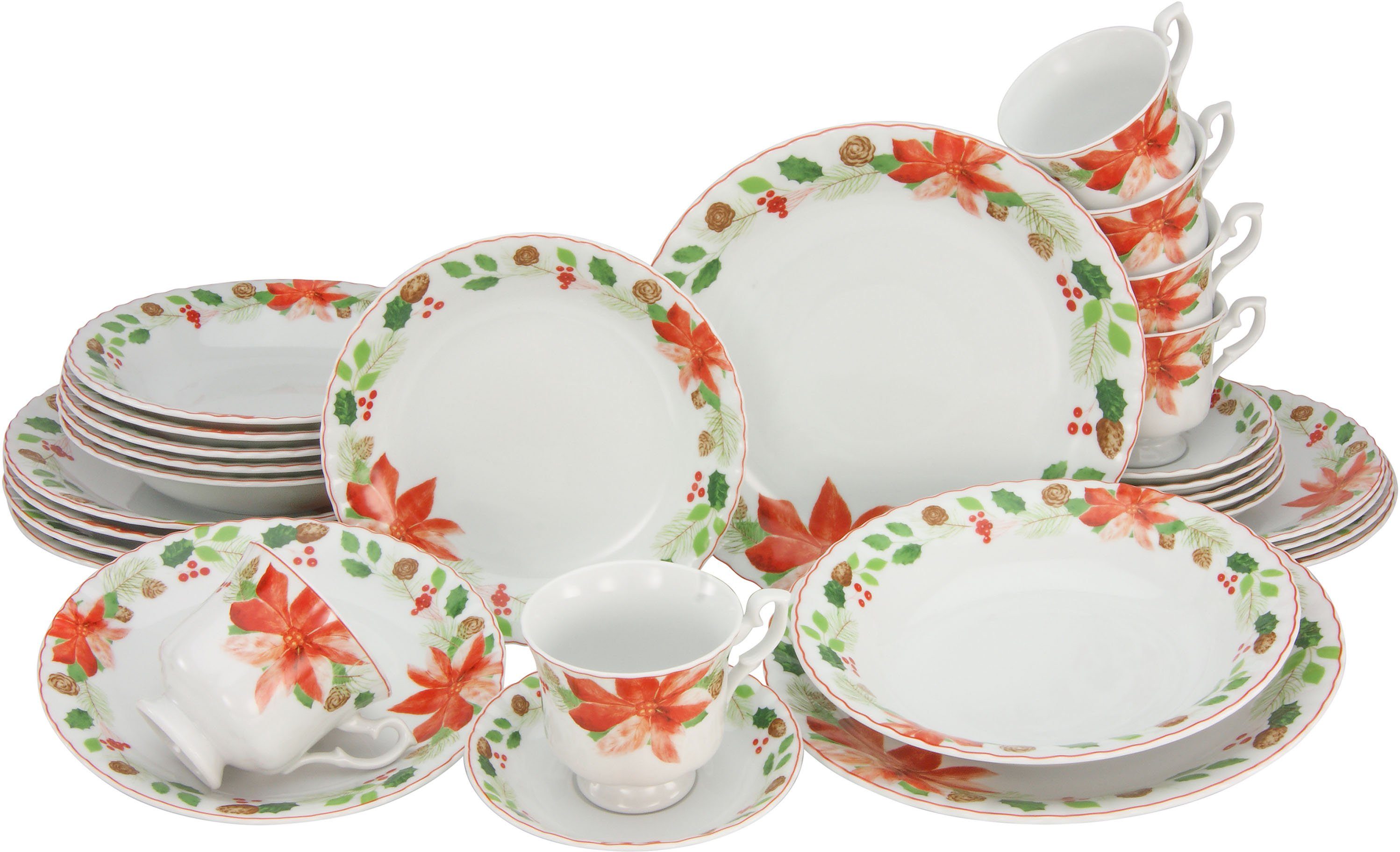 CreaTable Kombiservice Geschirr-Set Ivona, Winter, Advent, Weihnachten (30-tlg), 6 Personen, Porzellan, Service, Tasse auf Fuß, festliches Dekor, 30 Teile, für 6 Personen | Kombiservice