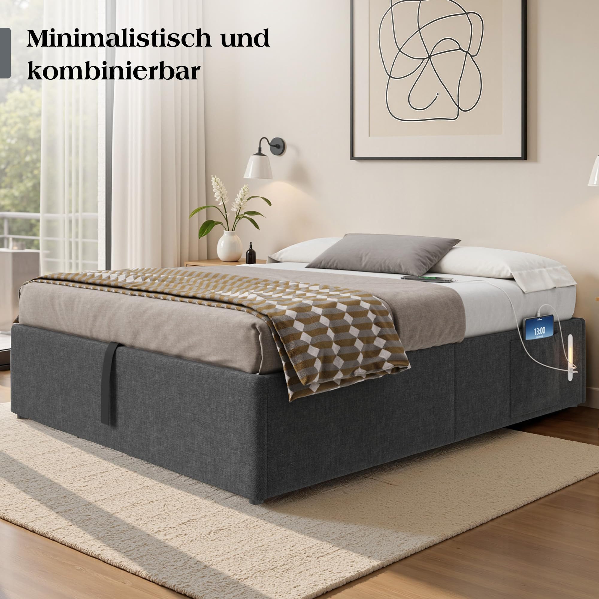 AMERLIFE Polsterbett mit hydraulischem Stauraum, LED und USB, Jugendbett ohne Kopfteil (Ohne Matratze), Stauraumbett, Doppelbett 160 x 200 cm – Bild 4 von 5