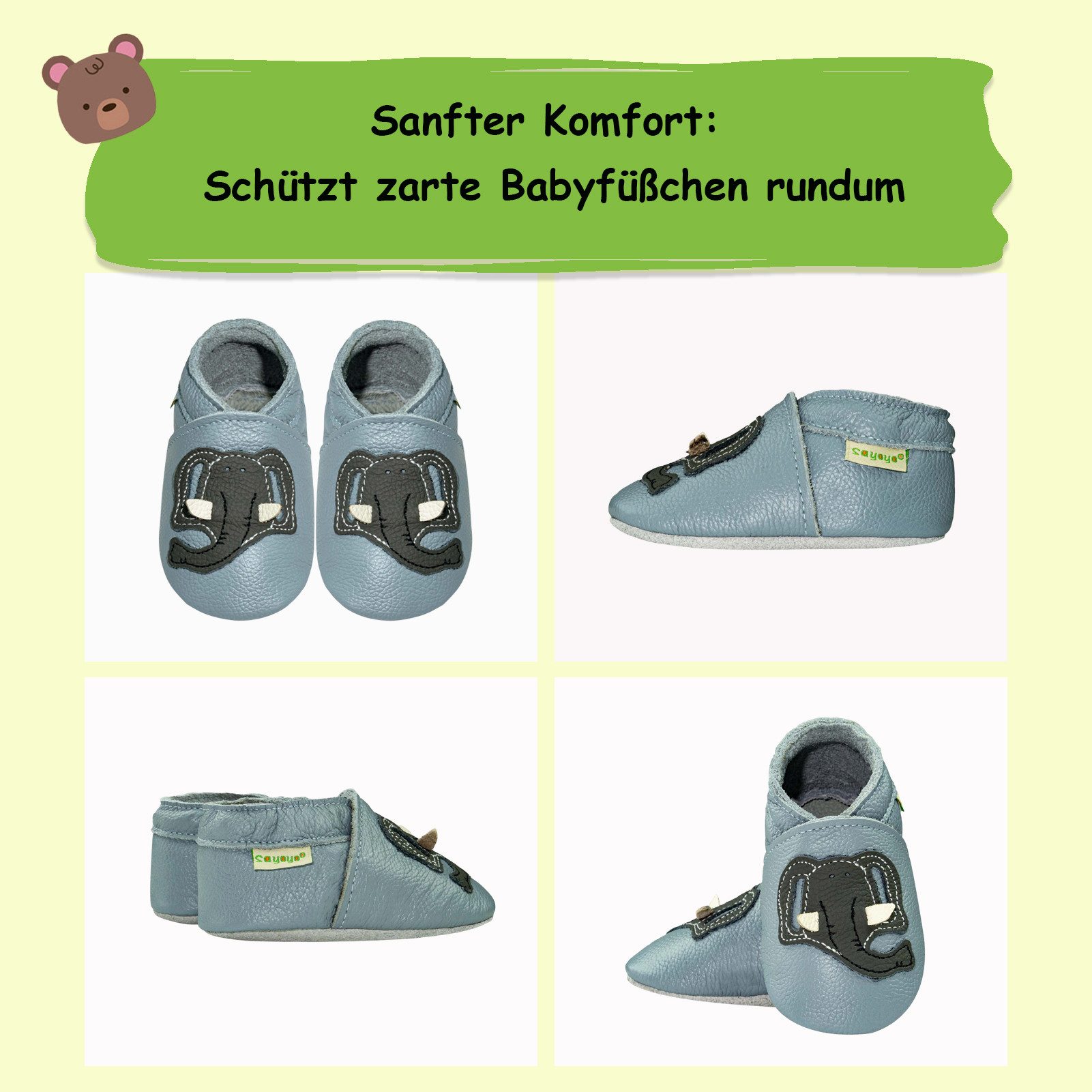 Sayoyo Krabbelschuhe Lauflernschuhe Hausschuhe Lederpuschen Elefant Lauflernschuh (Weiche 100% Leder)