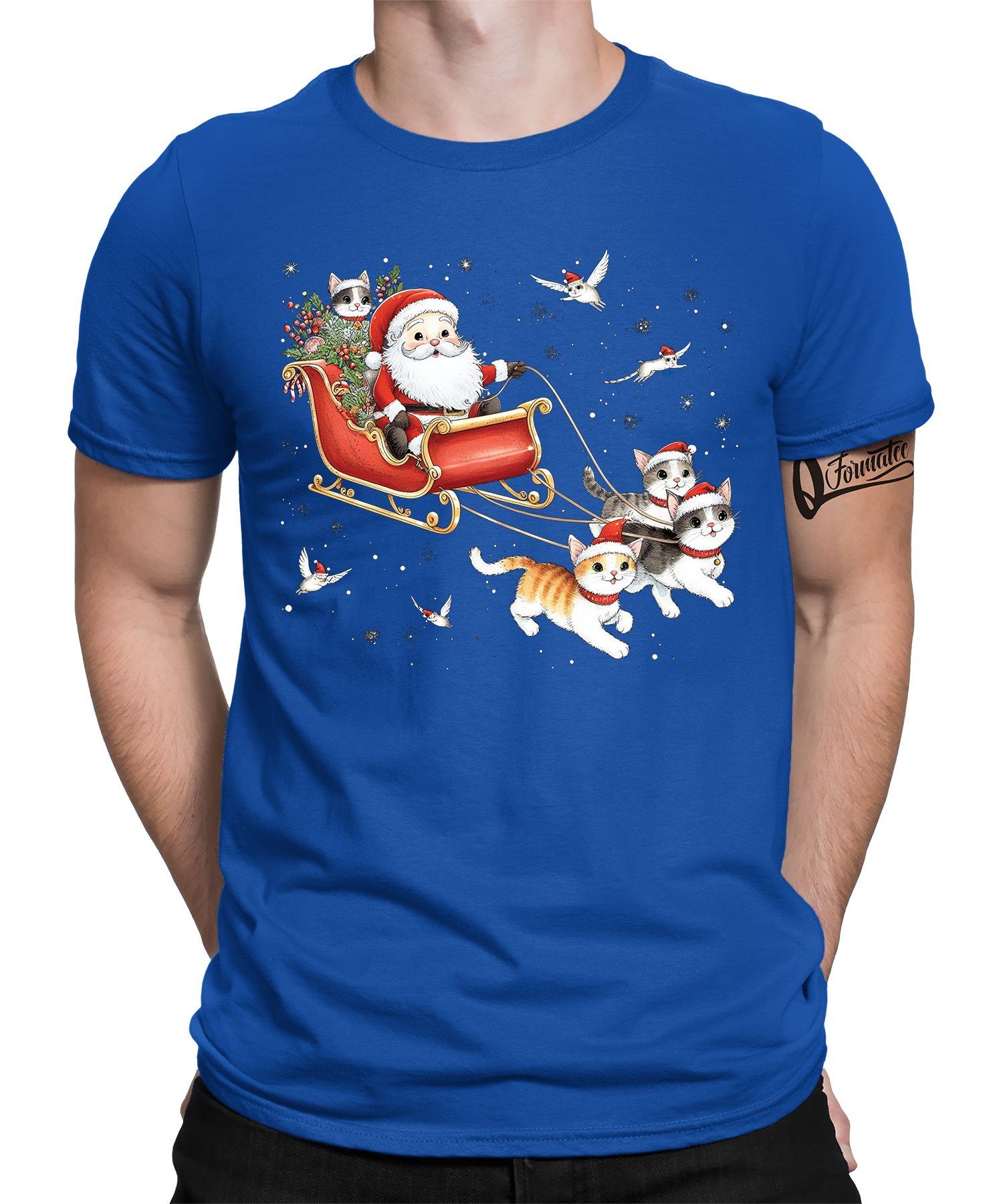 Quattro Formatee Kurzarmshirt Weihnachtsschlitten Katzen - Weihnachten Nikolaus Weihnachtsgeschenk (1-tlg) Blau