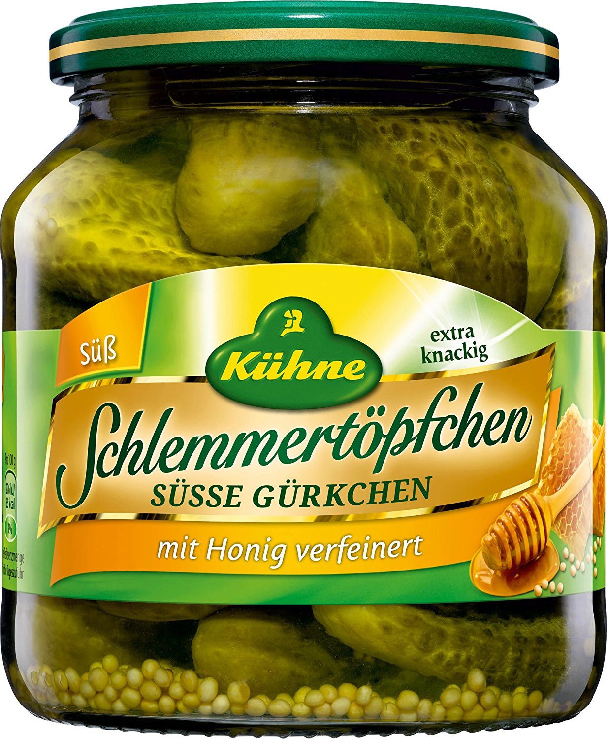 Kühne Gemüsekonserve, Kühne Schlemmertöpfchen Süsse Gürkchen mit Honig verfeinert 530g