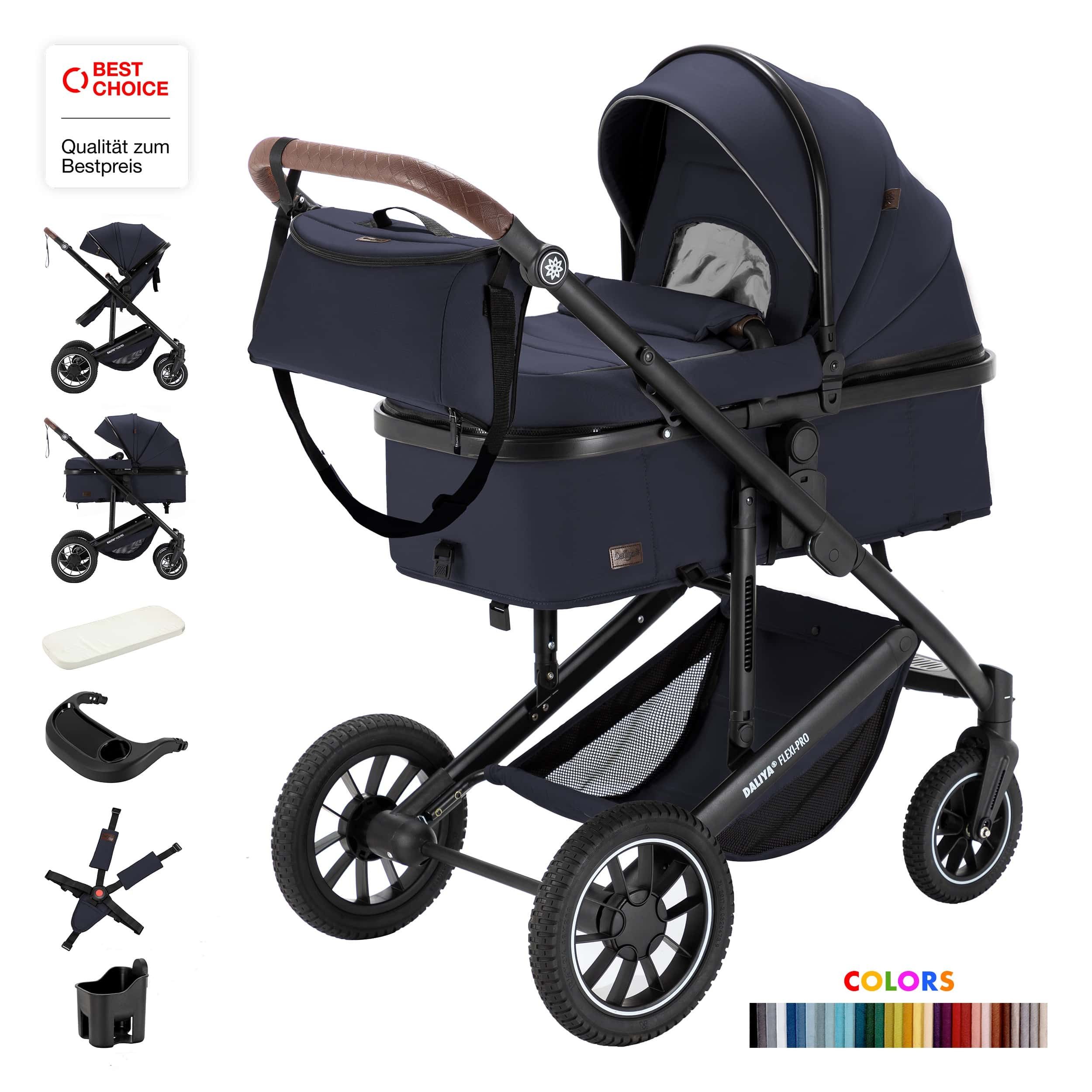 Daliya® Kombi-Kinderwagen FLEXI-PRO 2in1 Kinderwagen & Buggy, Reisekinderwagen, XXL Set, (10-tlg), modernes Design, Alu-Rahmen, Gummireifen, abnehmbare Gurte, UV 50+