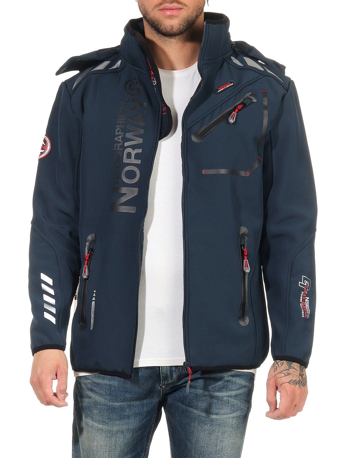 Geographical Norway Softshelljacke Herren Softshell Sport Outdoor Wander Trekking Jacke in Unifarbe, mit abnehmbarer Kapuze, mit Stehkragen