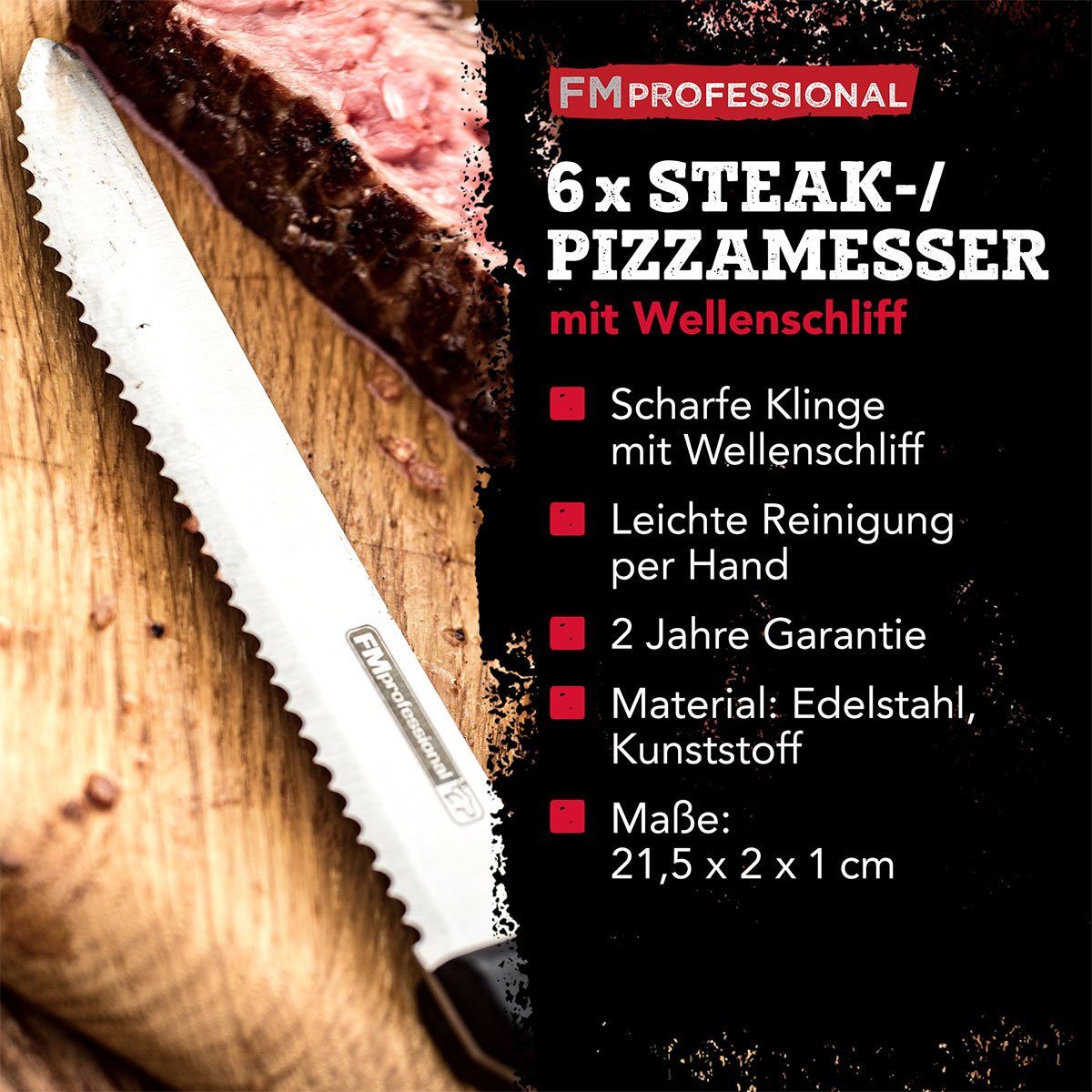 FACKELMANN Steakmesser 6x Steakmesser mit Wellenschliff – Scharfes Messer für Steak und Pizza