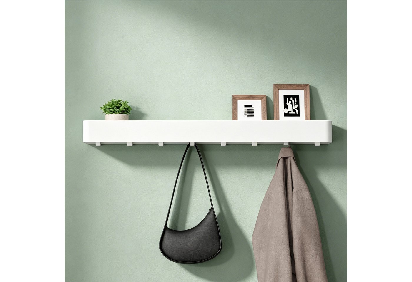 Mai & Mai Wandgarderobe Garderobenleiste mit Ablage und Wandhaken abgerundete Kanten Reglo-05, Abnehmbares Design,Klebemontage oder Bohrmontage