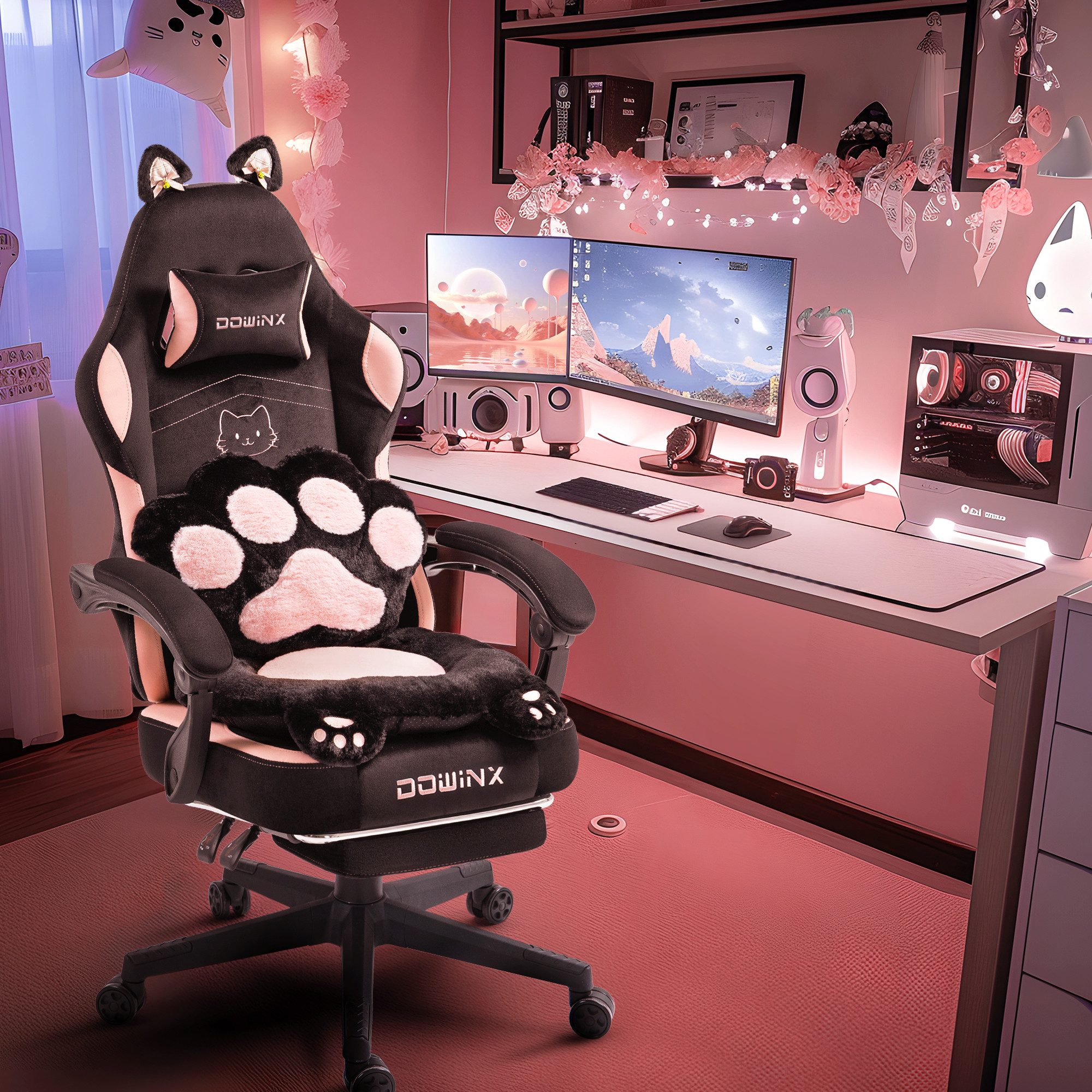 Dowinx Gaming-Stuhl Niedlich mit Katzenohren, Pfoten-Lendenkissen und Sitzkissen, (Packung), Ergonomischer Computerstuhl mit Fußstütze, PC-Spiele-Stuhl für Mädchen