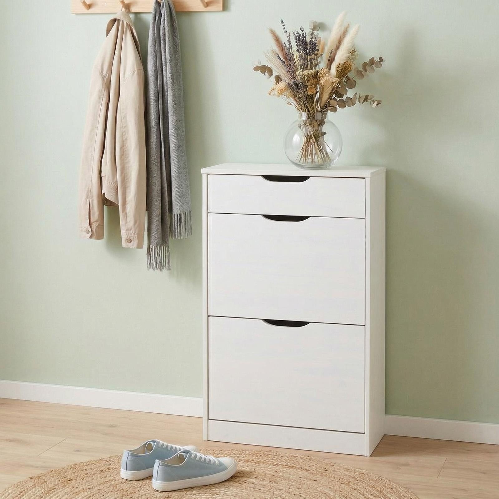 IDIMEX Schuhkipper BASIL, Schuhschrank schmal mit 2 Klappen & Schublade Massivholz Weiß