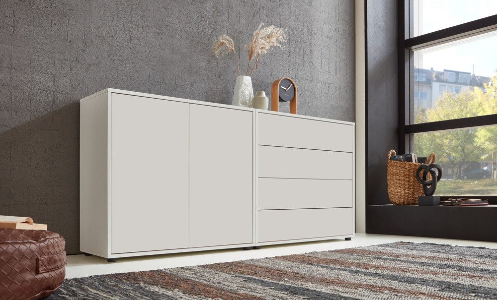 BMG Möbel Sideboard Mailand Set 3 (Kommode Anrichte Aktenschrank), mit weiß lackierten Hochglanzfronten