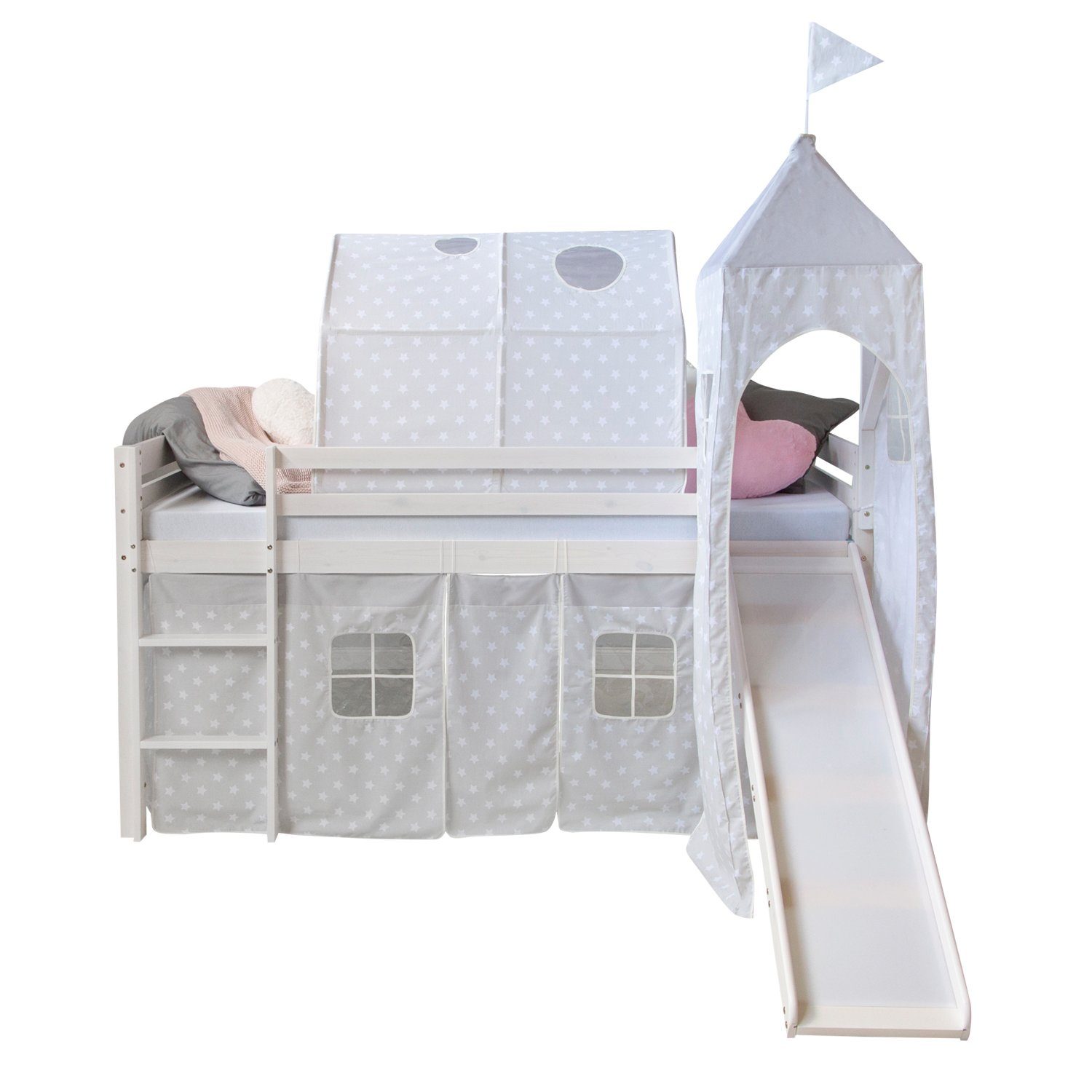 Homestyle4u Hochbett Spielbett Kinderbett Rutsche Turm Vorhang 90cm