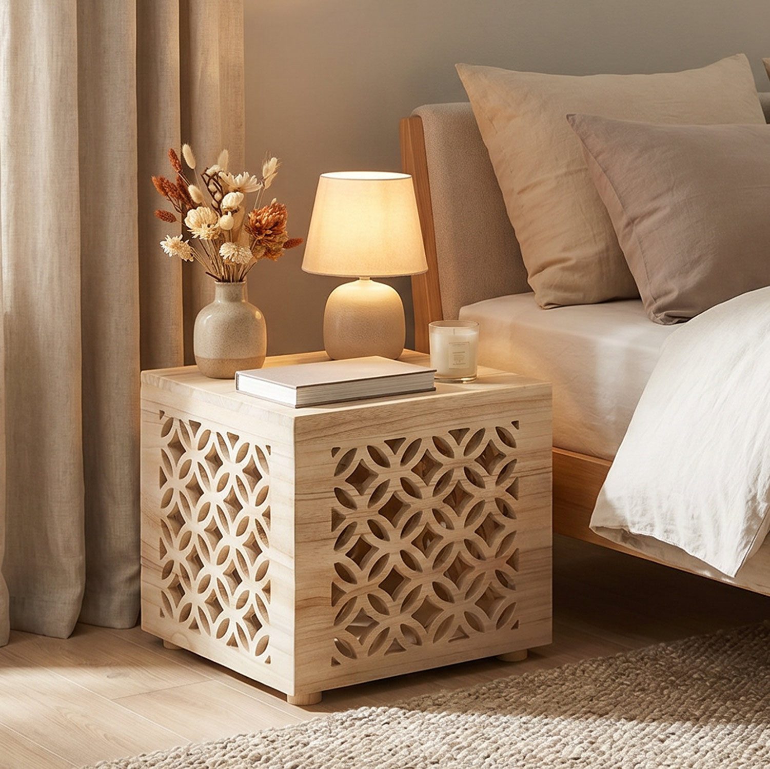 Homestyle4u Nachttisch Hocker Holz Würfel Nachttisch braun natur Couchtisch Muster Wohzimmer