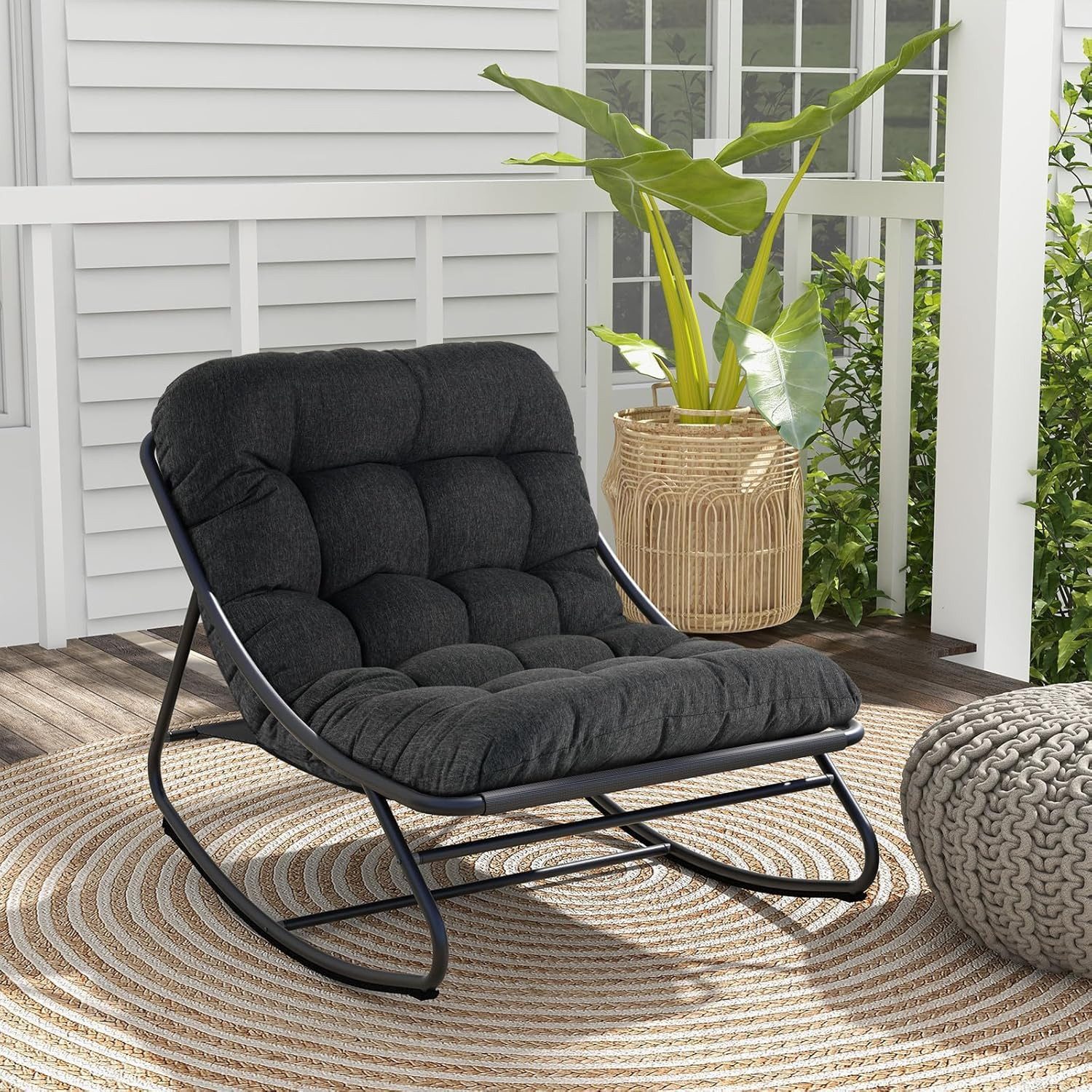 Grand patio Schaukelstuhl Outdoor mit Kissen, Schaukelliege Wetterfester Relaxstuhl, Schwarzgrau