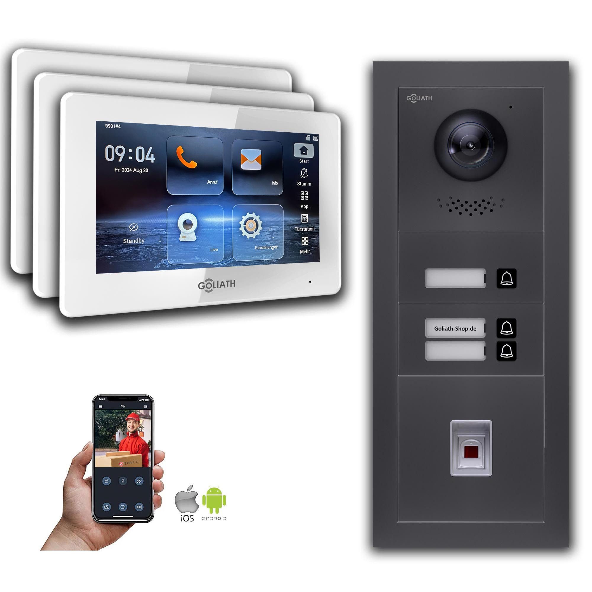 Goliath Intercom Video-Türsprechanlage Goliath IP Video Türsprechanlage: 7-Zoll 3 Familienhaus, Fingerprint, (Privat oder Gewerblich)