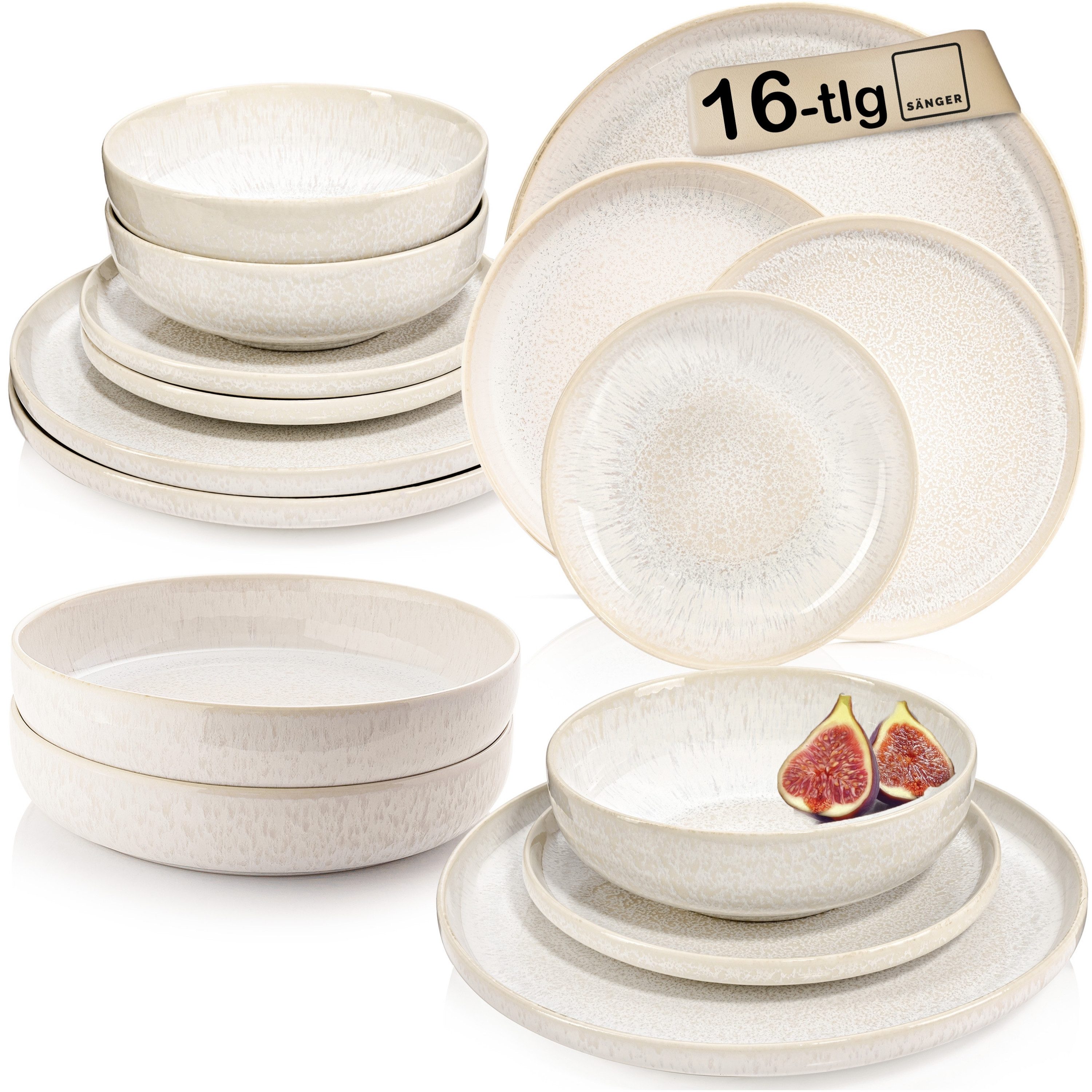 SÄNGER Tafelservice Korfu Geschirrset (16-tlg), 4 Personen, Steingut, Tafelserviceservice, Creme Beige, Handmade, Premium Collection