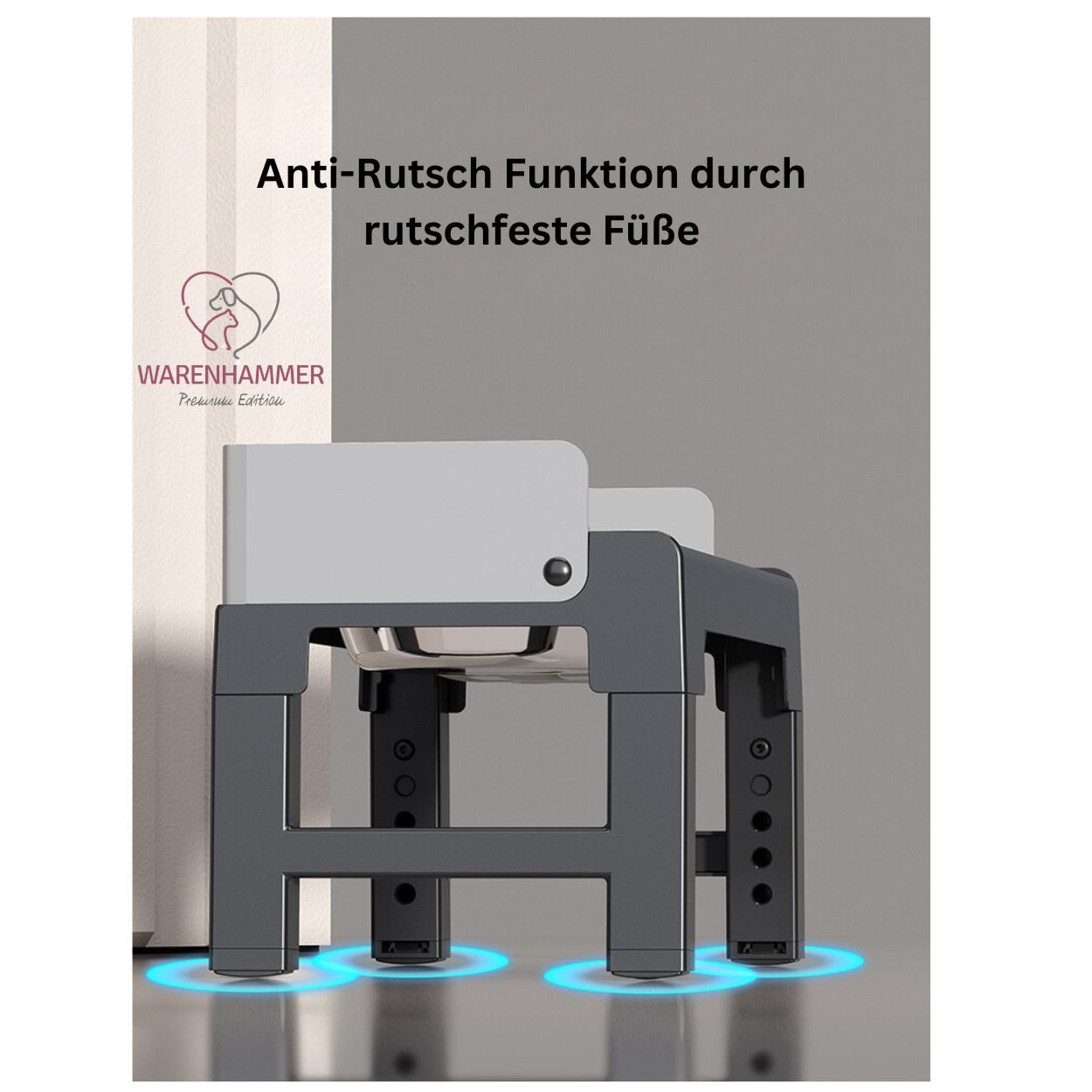 Warenhammer Futternapf Hundenapf höhenverstellbar erhöht 3 in 1 Napf-Set Premium Qualität, Edelstahl, Set mit 3 Näpfen, Gummifüße, neigbar, rutschfest