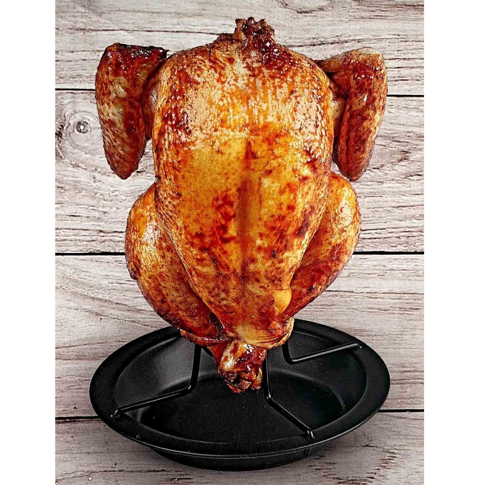 HAC24 Grillguthalter Hähnchenhalter Hähnchenbräter Grill Ofen Hähnchenständer, Metall, (1-St), inkl. Auffangschale, Ø 17,5 cm