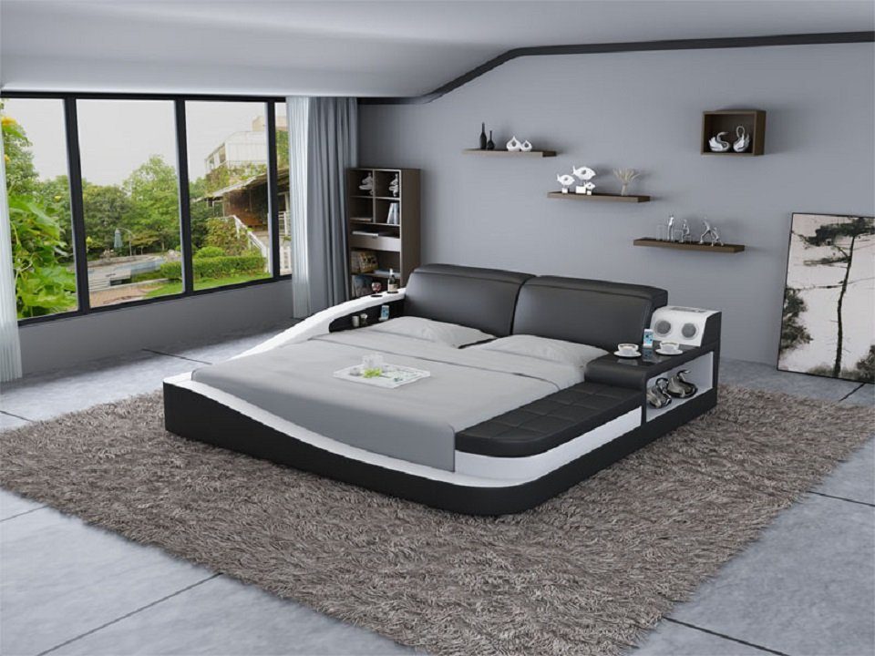 JVmoebel Bett Luxus Schlafzimmer Bett Polster Design Leder Doppel Betten Textil Schwarz/Weiß