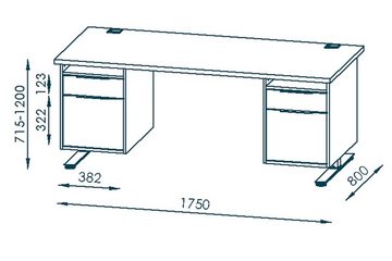 möbelando Schreibtisch 5519 (BxHxT: 175x120x80 cm), aus Spanplatte / Metall in Roheisen natur lackiert - Riviera Eiche