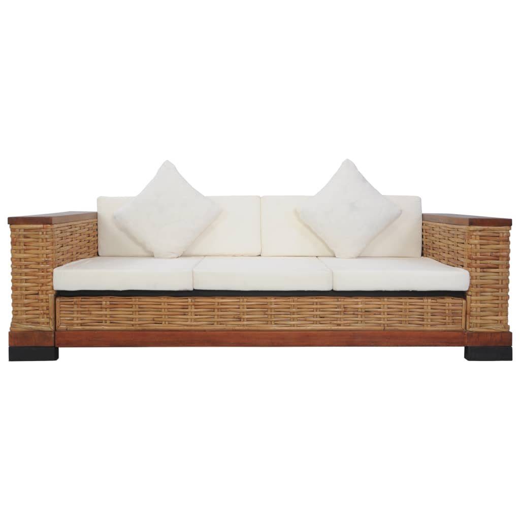 mit Natur vidaXL Sofa Rattan Braun 3-Sitzer-Sofa Couch Auflagen