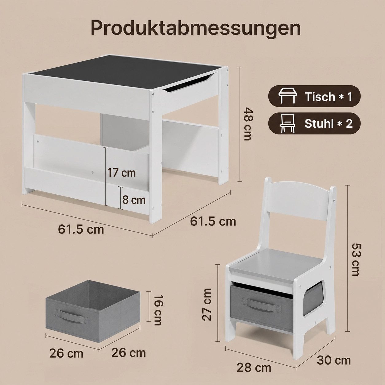 Blishom Kindersitzgruppe Kindertisch-Set 4-in-1 mit Stauraum Holzwerkstoff 61,5x61,5x48 cm, (3-tlg., Kindertisch mit 2 Stühlen), umklappbare tischplatte, Tische – Bild 2 von 5