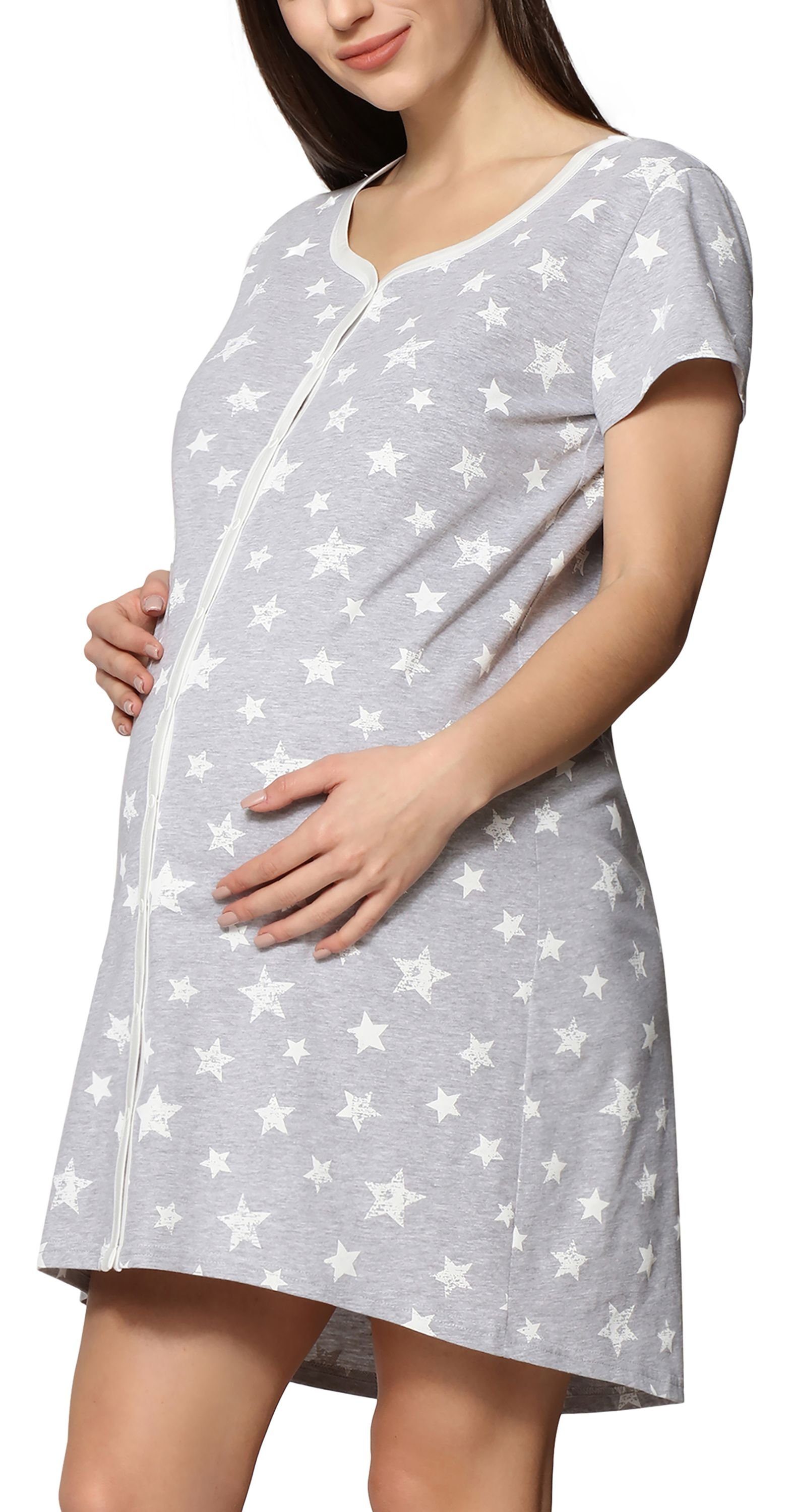 Be Mammy Umstandsnachthemd Damen Umstands Nachthemd Kurz Arm mit Stillfunktion BE20-275-ND (1-tlg) Melange Sterne Creme
