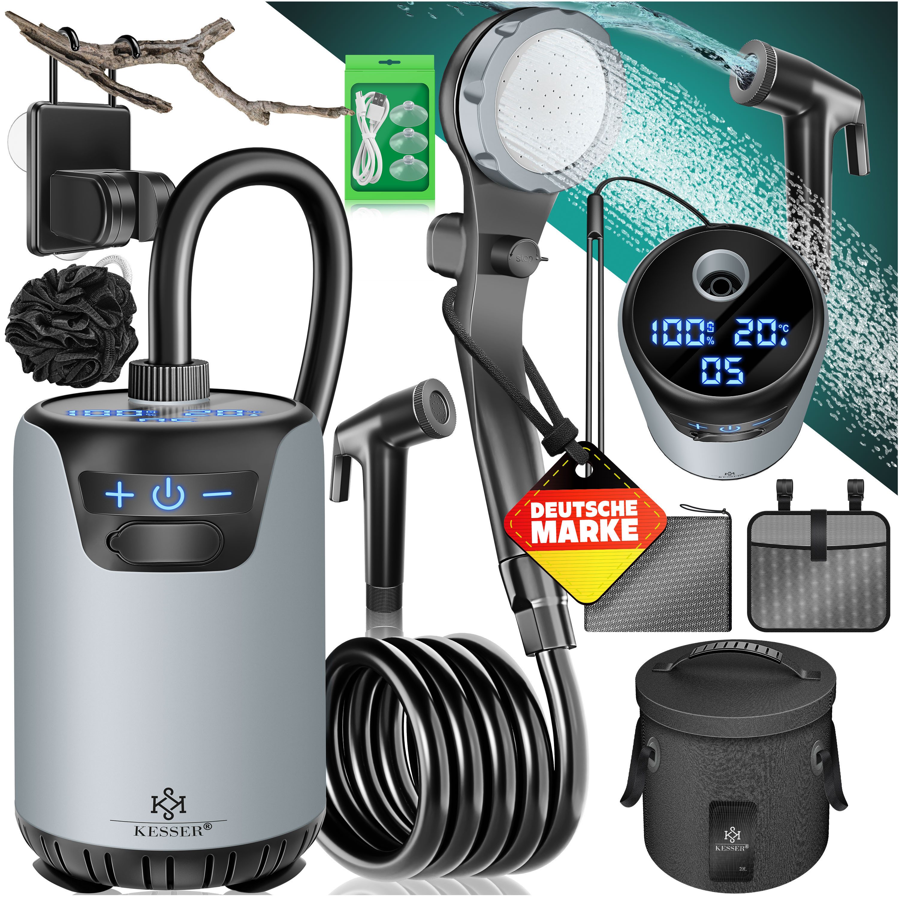 KESSER Gartendusche Campingdusche mit 20L Behälter, Pumpe & wiederaufladbarer Akku 4000mAh (Mobile Dusche inkl. Duschkopf, 2m Schlauch, Sprühpistole & Halterung), Outdoor Dusche