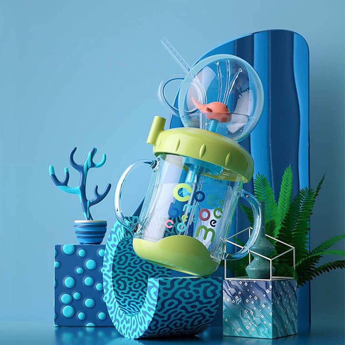 XDeer Babyflasche 220ML/350ml Wasserflaschen Trinklernbecher Plastikbecher, für Schnabeltassen mit Süße Baby Grün Kleinkinder Strohhalm Cartoon-Wal