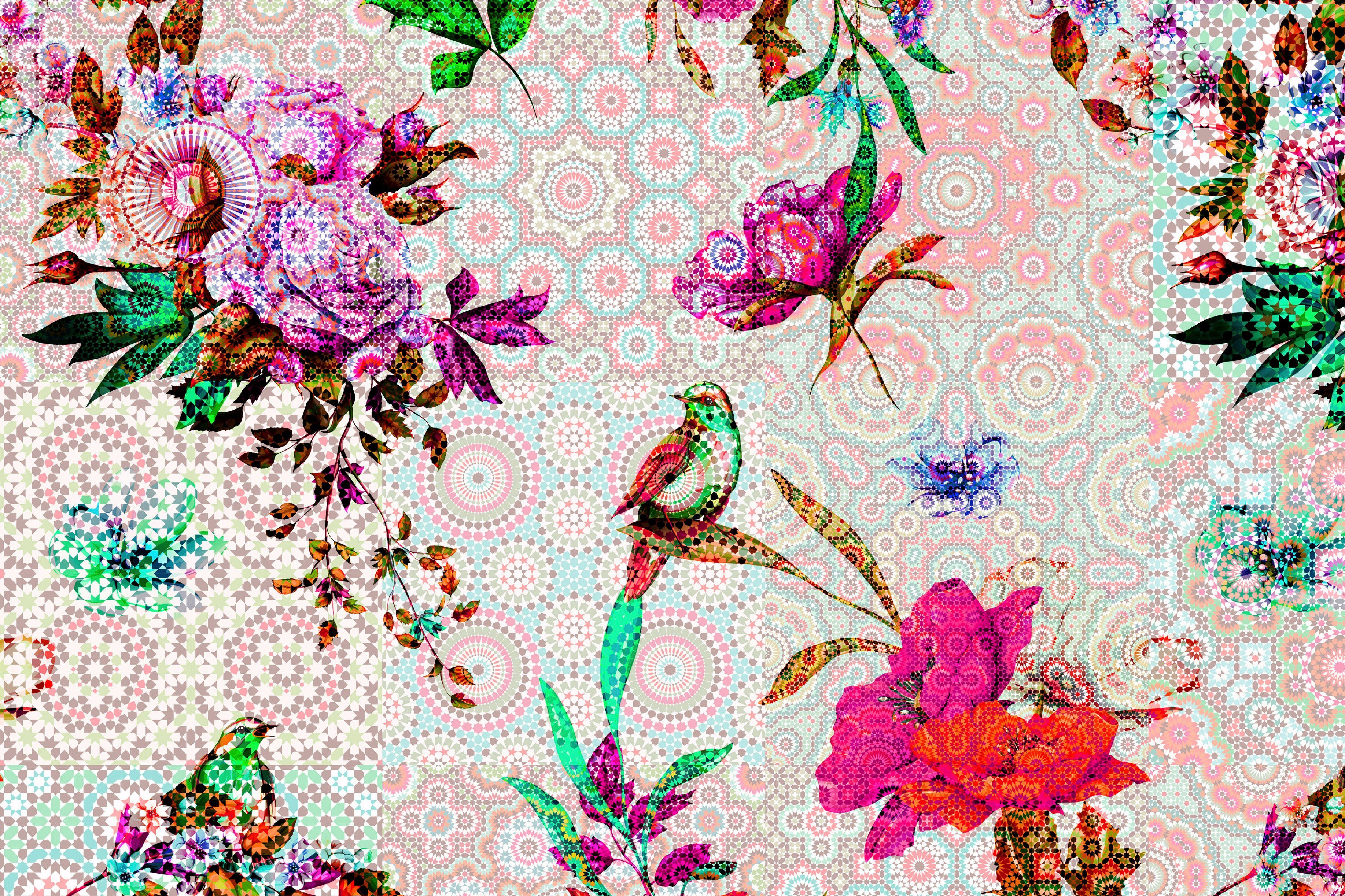 rosa, Floral Bild A.S. garden, Leinwandbild Vögel Vögel rot, Blumen Keilrahmen (1 Mosaik Création grün St), mosaic