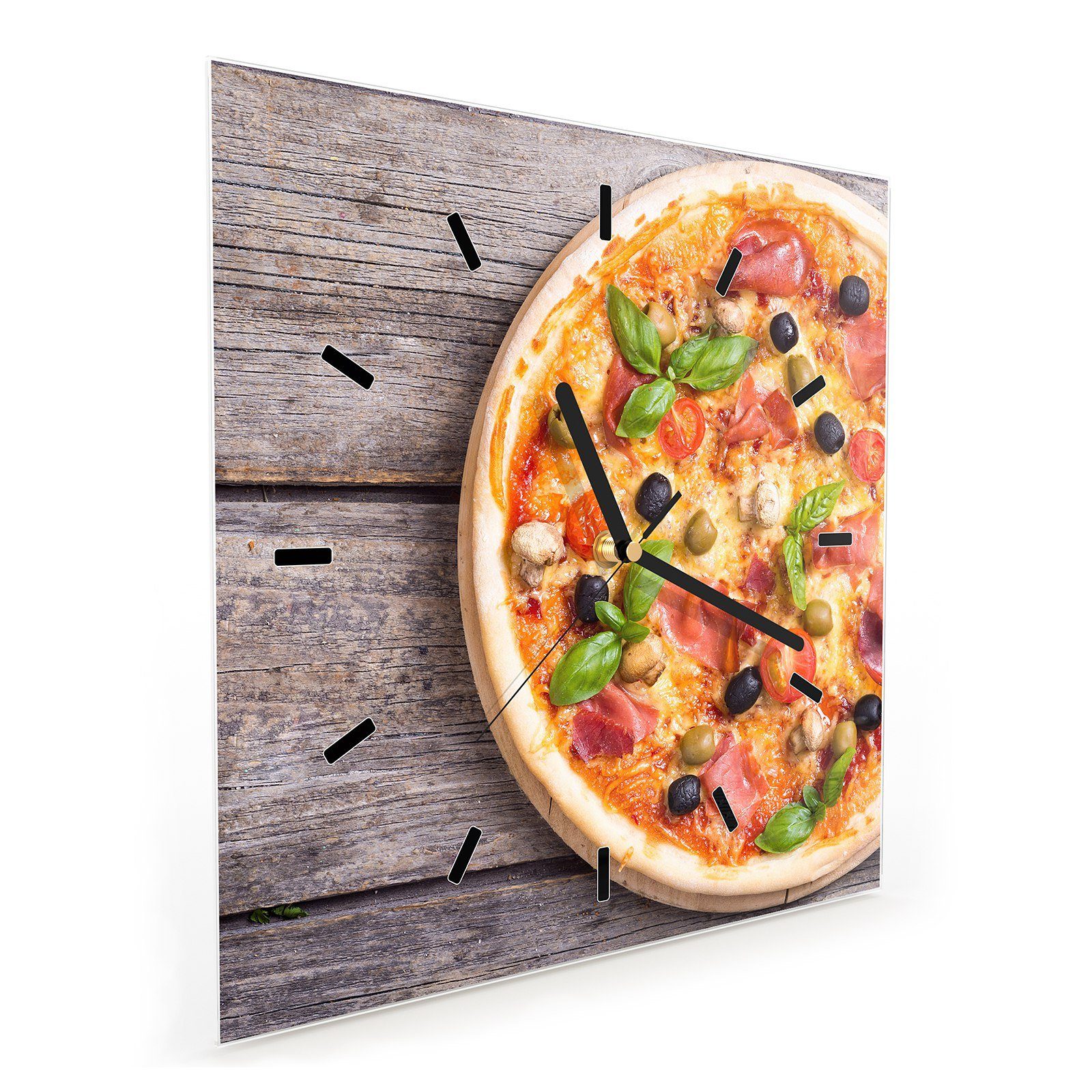 Primedeco Wanduhr Glasuhr Wanduhr Wandkunst mit Größe Motiv 30 Schinken cm Pizza mit x 30