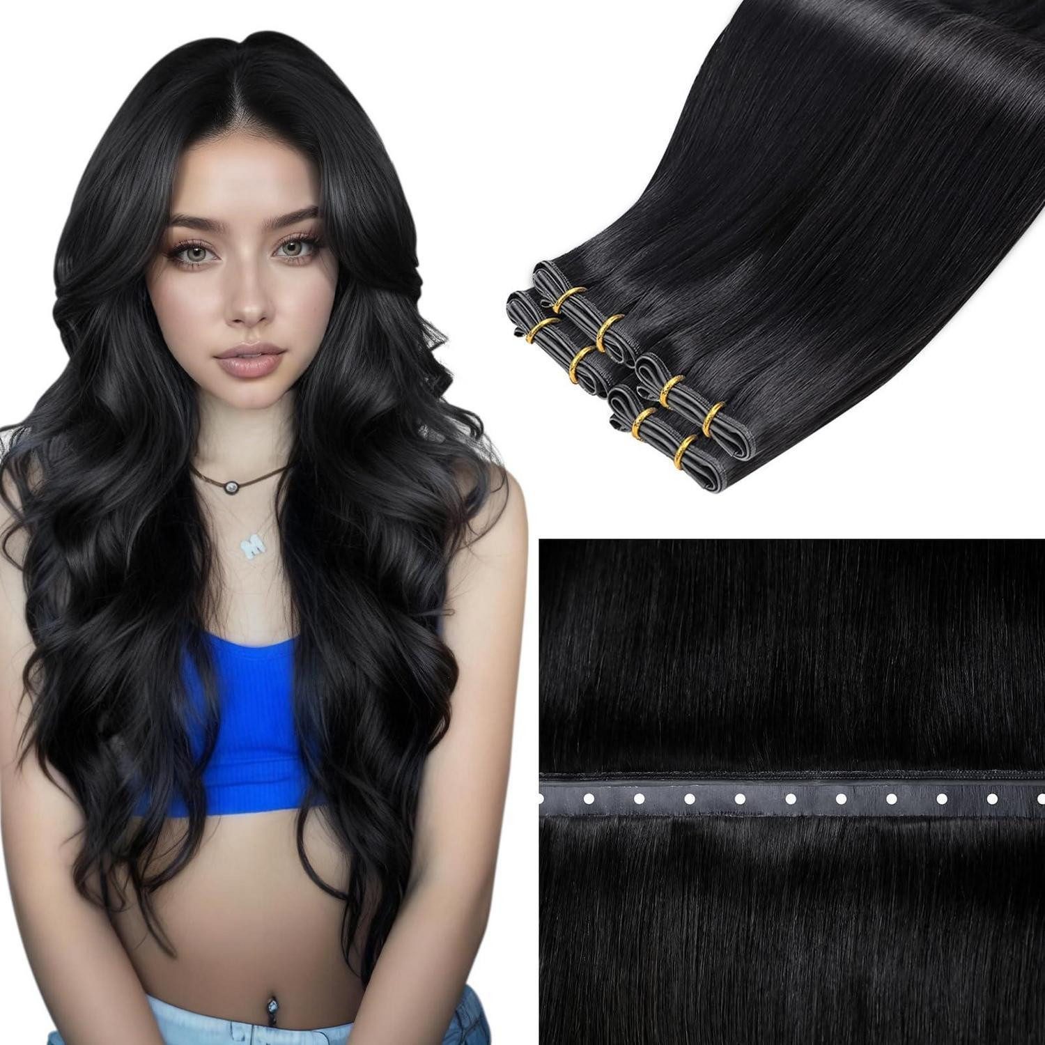 LuxusKollektion Echthaar-Extension Haarverlängerungen Echthaar Tressen 60cm-80G 1.1-butterfly weft-#1