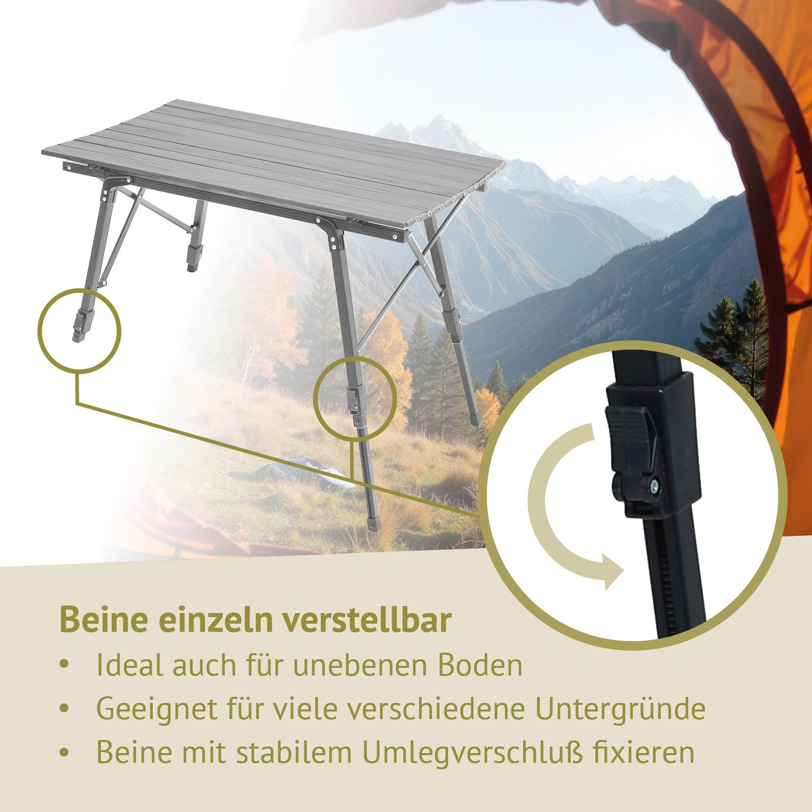 JAWINIO Campingtisch, Gartentisch, Klapptisch, höhenverstellbar, Aluminium, Silber