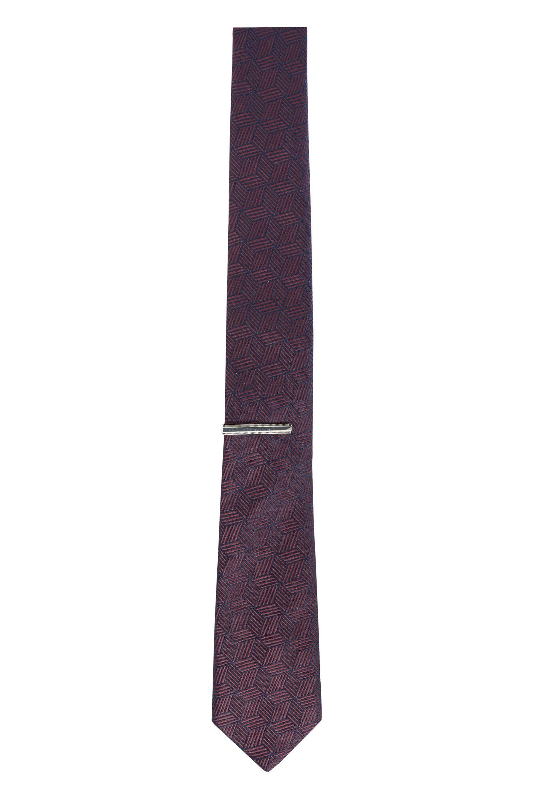 Krawatte, Next (3-St) Geometric und Slim Red/Navy Burgundy Einstecktuch Krawatte Krawattenklammer Blue