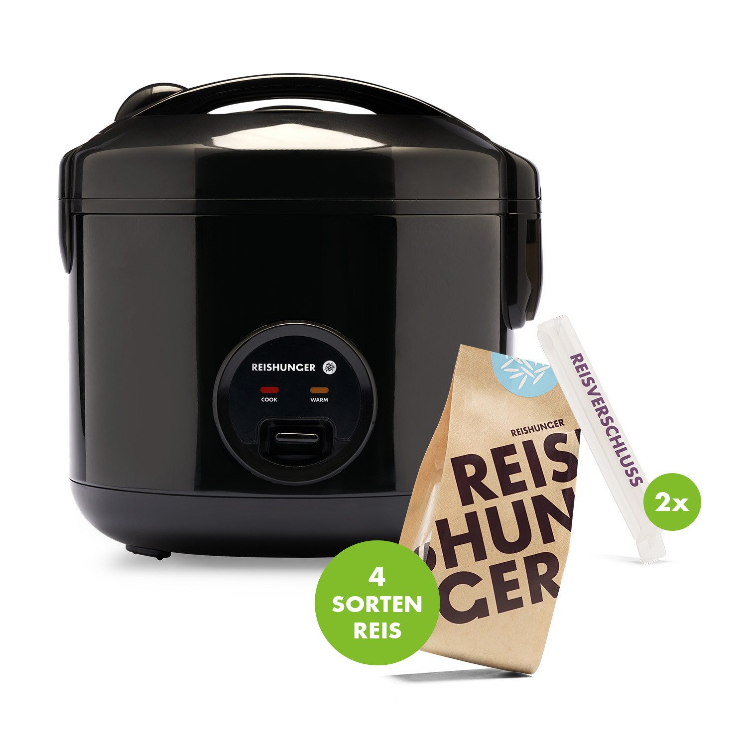 Reishunger Reiskocher Basis – 1,2 L – mit Keramikbeschichtung – Bundle mit vier Reissorten, 500 W, Mit Dampfgarfunktion & Warmhaltefunktion
