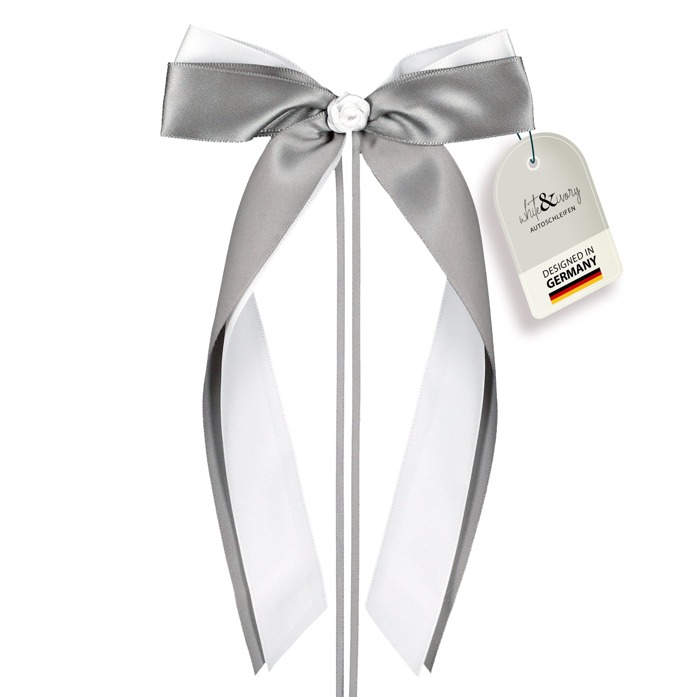 white & ivory Dekoobjekt Autoschleifen Hochzeit mit Rose + extra langem Befestigungsband (25 St)