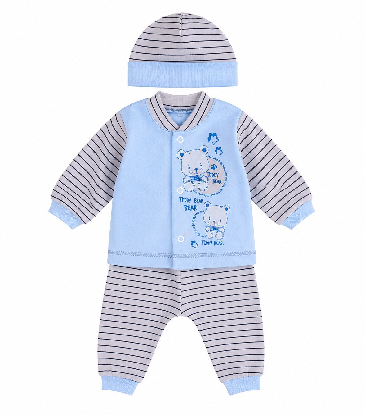 La Bortini Langarmshirt & Hose Baby Anzug Hemdchen Mitwachshose Mütze Blau gestreift Set (Erstlingsset für Jungen) für Neugeborene 44 50 56