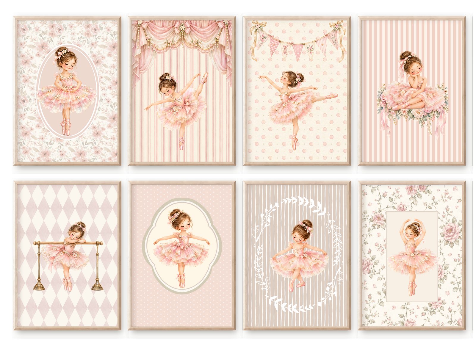 homestyle-accessoires Poster Kinderzimmer Bilderwand 8erSet Bilderset Babyzimmer BALLERINA rosa, Hochformat, Künstlerpapier, ohne Rahmen