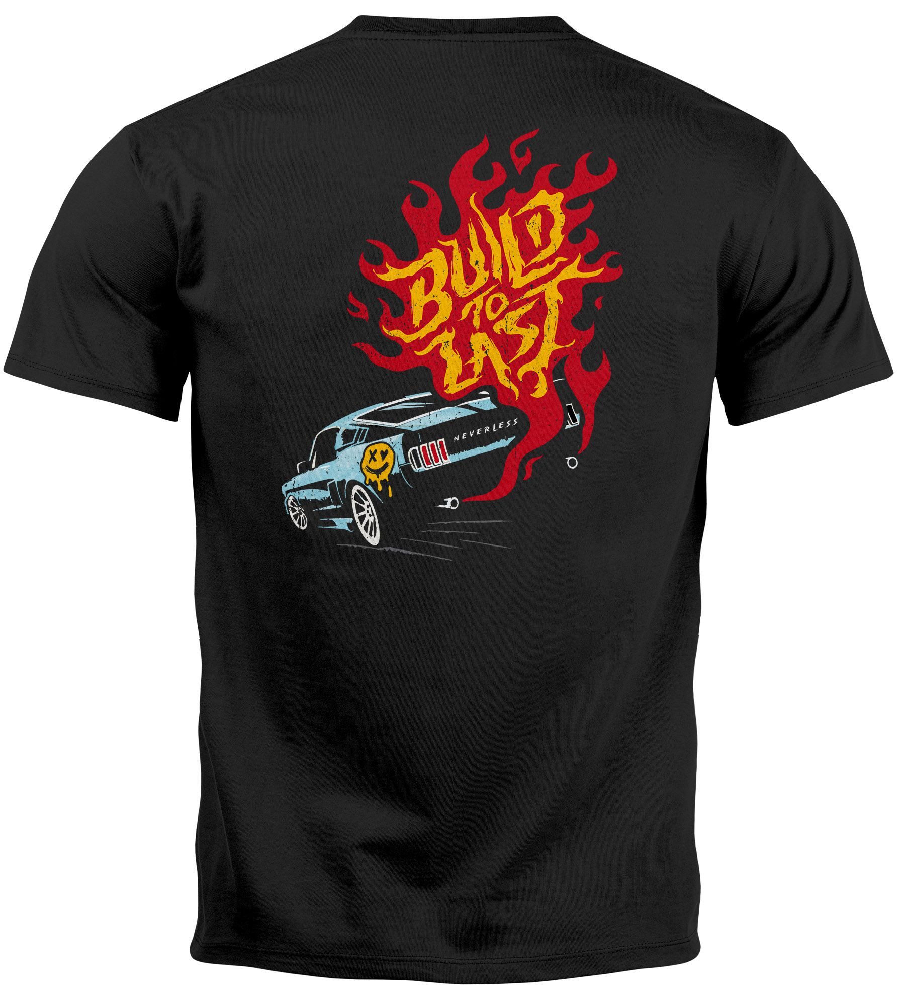 Print-Shirt Backprint T-Shirt Herren Verbrenner Auto Benzin Flammen Spruch "Build