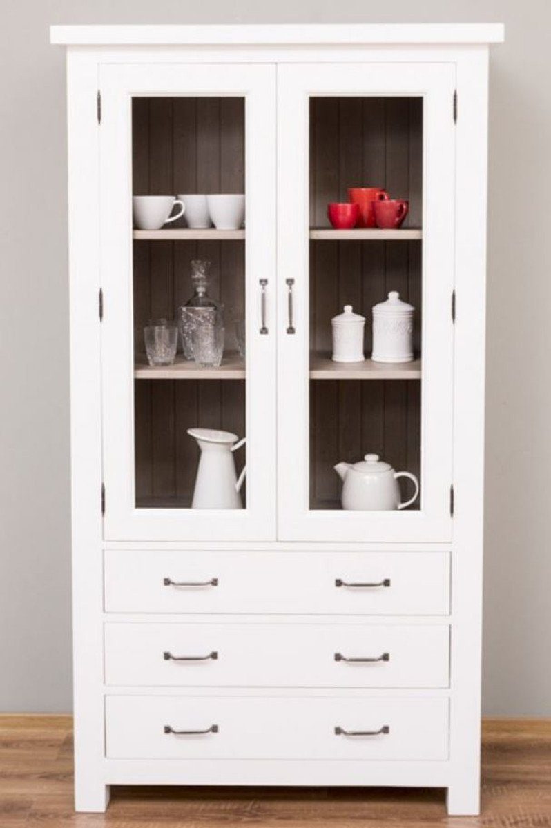 Casa Padrino Küchenbuffet Landhausstil Küchenschrank Weiß / Grau 100 x 50 x H. 180 cm - Massivholz Vitrinenschrank mit 2 Glastüren und 3 Schubladen - Landhausstil Küchen Möbel. € 1.879,90