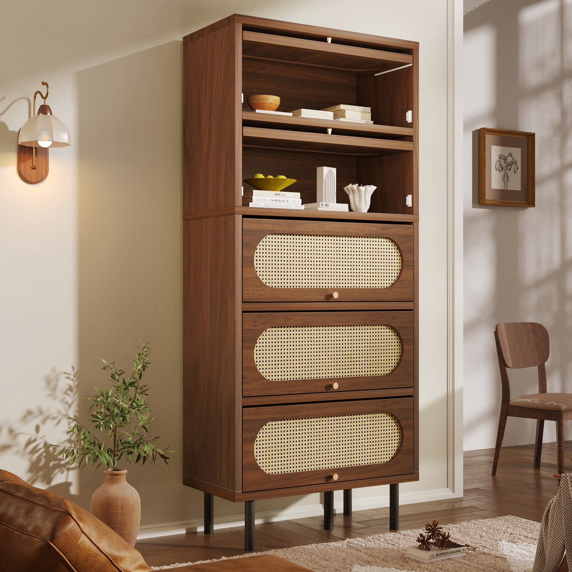 OKWISH Sideboard Nussbaum mit Rattan 80x40x163cm, Hochschrank (Packung, 1 St., 5 Klappen, Holz mit Metallbeinen, großer Stauraum), Vielseitiger Schrank für Wohnzimmer, Flur & Küche