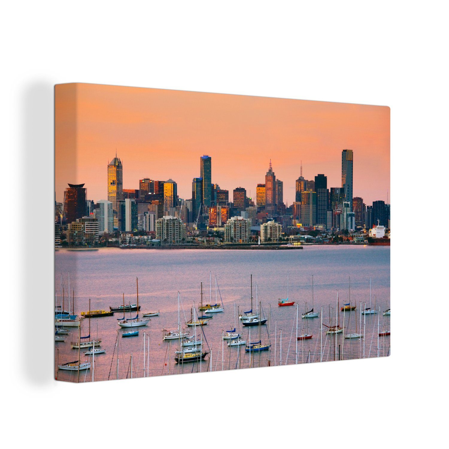 OneMillionCanvasses® Leinwandbild Schwimmende Boote vor der Metropole Melbourne in Australien, (1 St), Wandbild Leinwandbilder, Aufhängefertig, Wanddeko, 30x20 cm