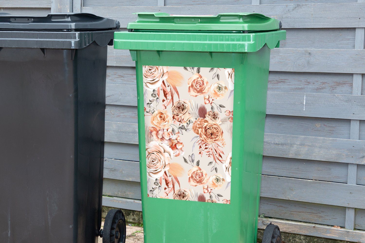 Braun Mülltonne, (1 St), Grau Wandsticker Mülleimer-aufkleber, - Sticker, Blumen Abfalbehälter MuchoWow Container, -