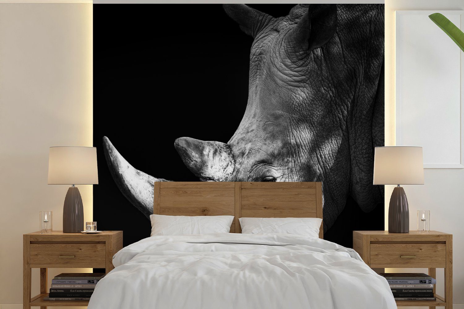 MuchoWow Fototapete Rhinozeros - Tier - Licht, Matt, bedruckt, (4 St), Vliestapete für Wohnzimmer Schlafzimmer Küche, Fototapete